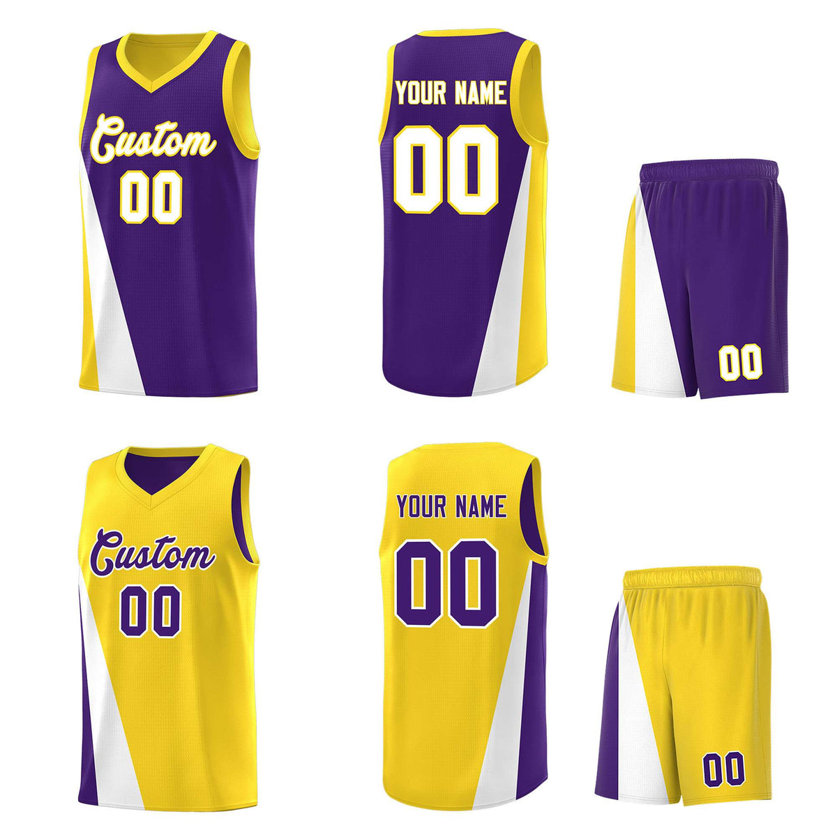 Custom Purple Gold Slanting Two Lines Color Block Sports Uniform Basketball Jersey