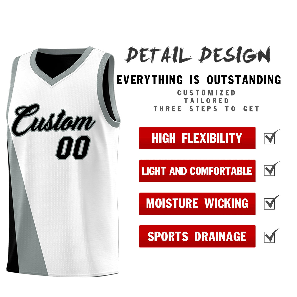 Custom White Black Slanting Two Lines Color Block Sports Uniform Basketball Jersey