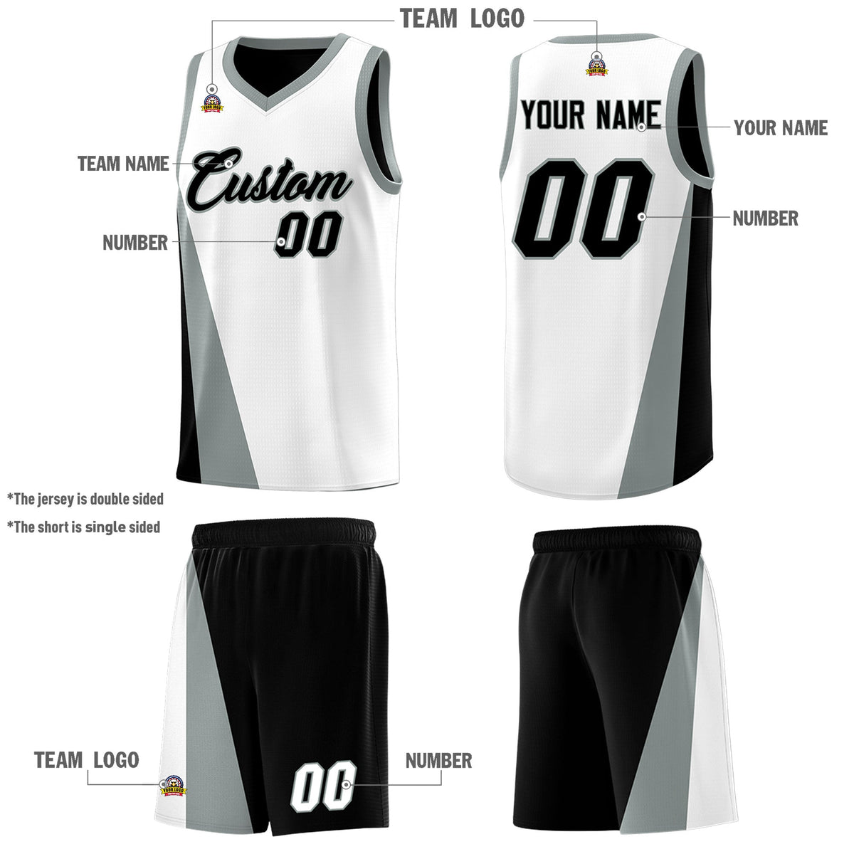 Custom White Black Slanting Two Lines Color Block Sports Uniform Basketball Jersey