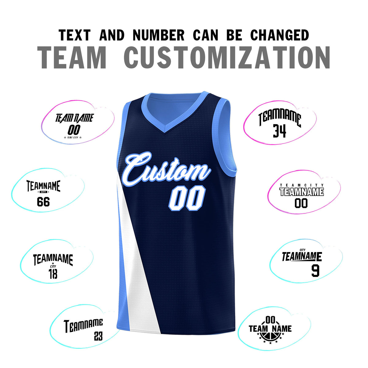 Custom Navy Powder Blue Slanting Two Lines Color Block Sports Uniform Basketball Jersey