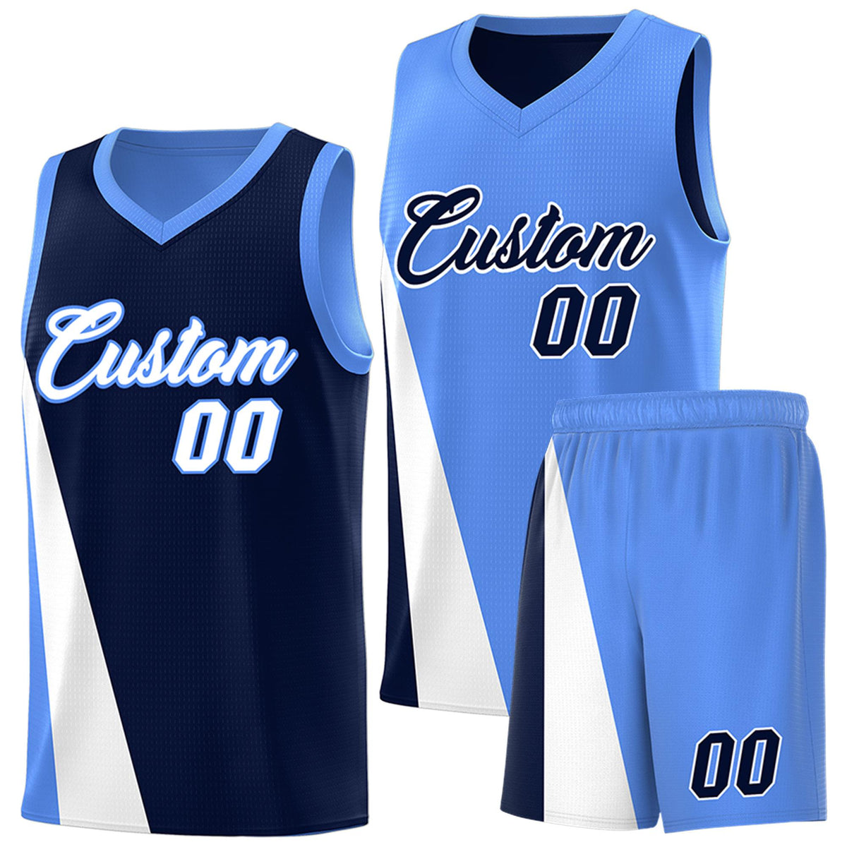 Custom Navy Powder Blue Slanting Two Lines Color Block Sports Uniform Basketball Jersey