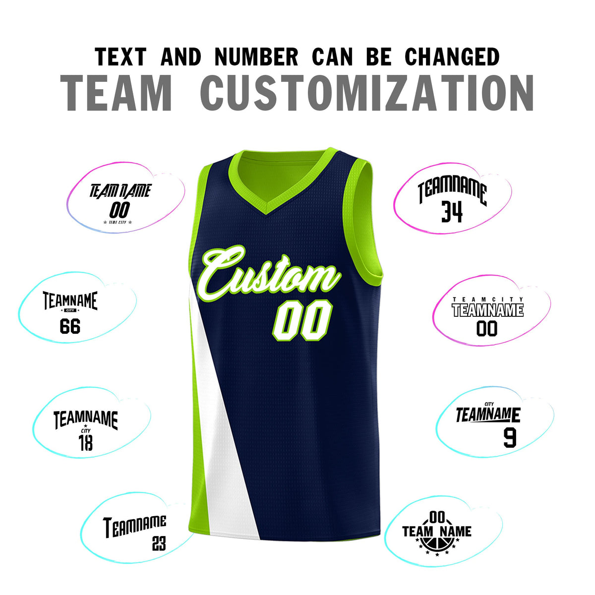 Custom Navy Neon Green Slanting Two Lines Color Block Sports Uniform Basketball Jersey
