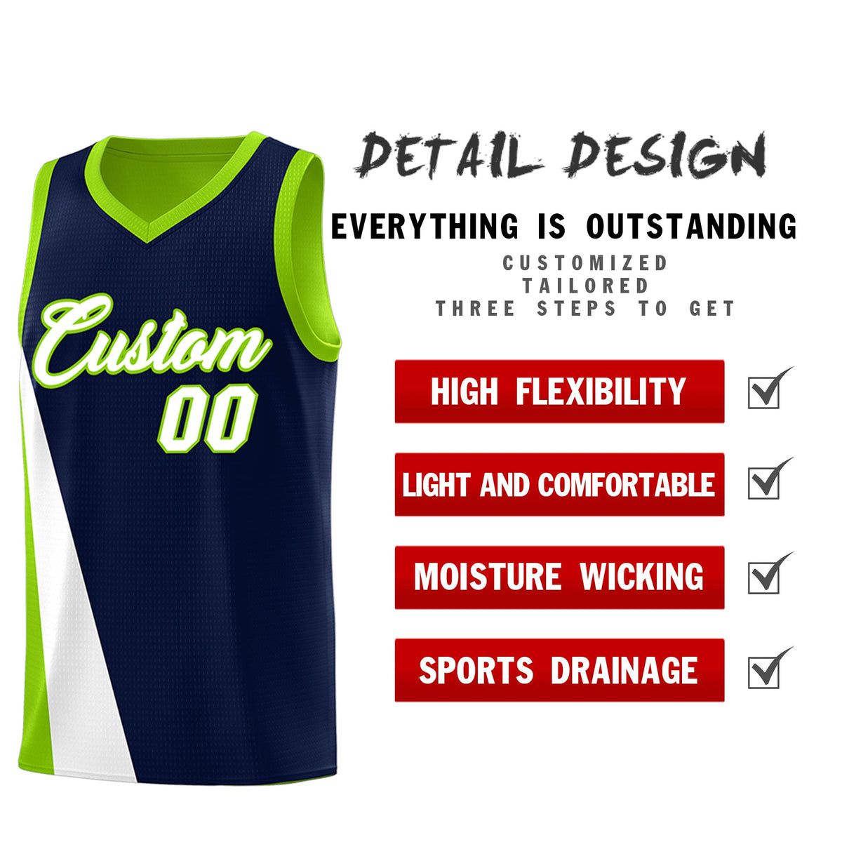 Custom Navy Neon Green Slanting Two Lines Color Block Sports Uniform Basketball Jersey
