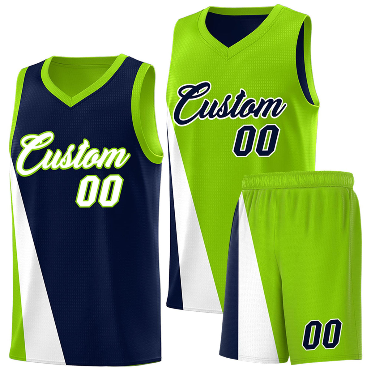 Custom Navy Neon Green Slanting Two Lines Color Block Sports Uniform Basketball Jersey