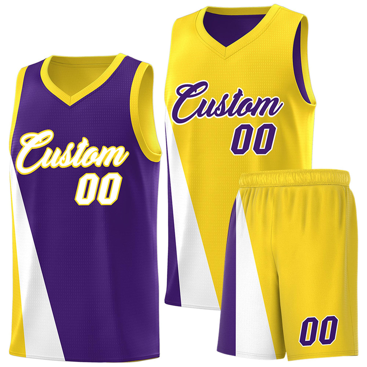Custom Purple Gold Slanting Two Lines Color Block Sports Uniform Basketball Jersey