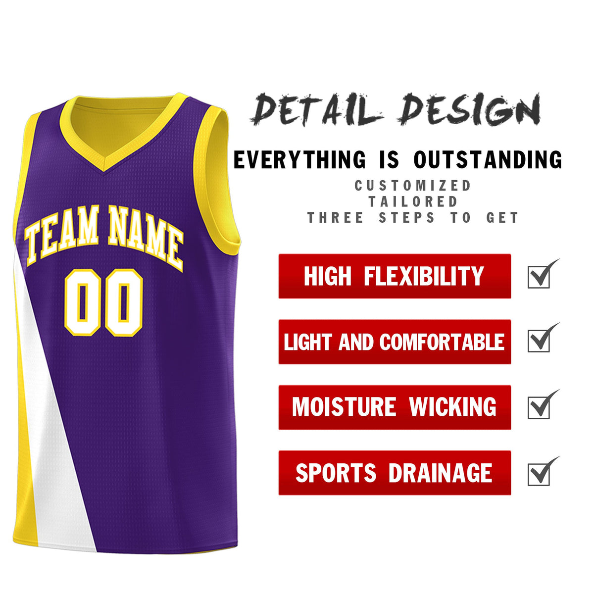 Custom Purple Gold Slanting Two Lines Color Block Sports Uniform Basketball Jersey