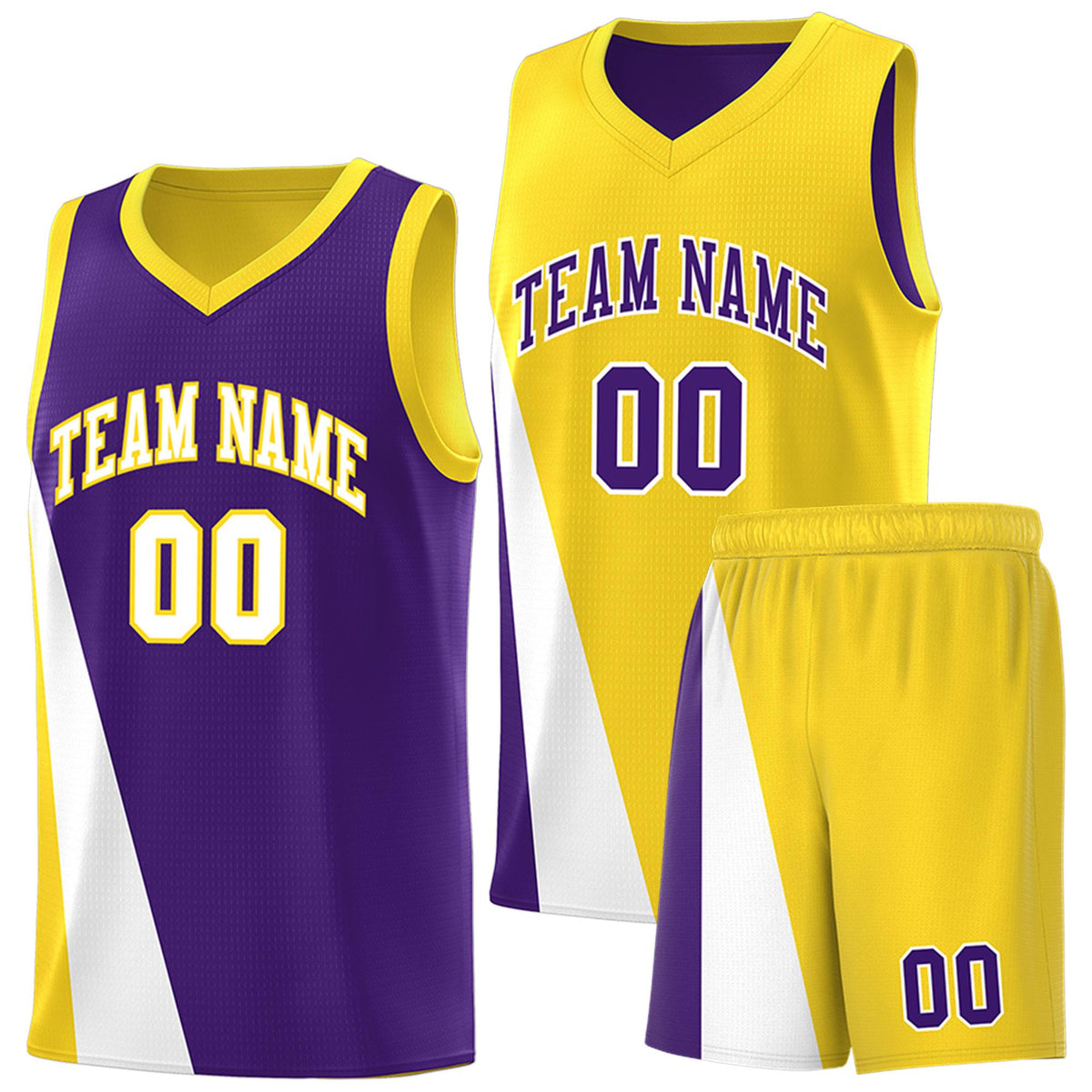 Custom Purple Gold Slanting Two Lines Color Block Sports Uniform Basketball Jersey