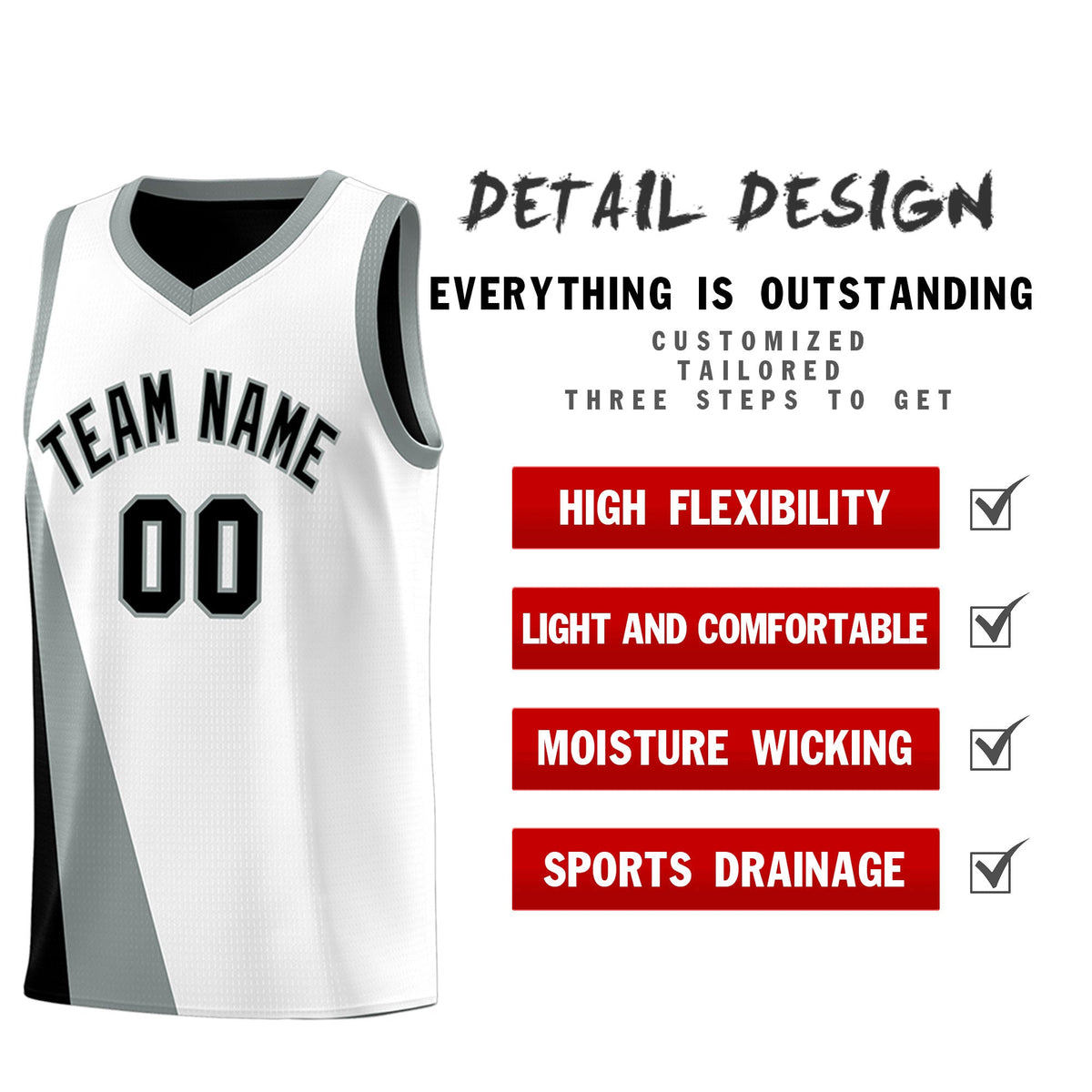 Custom White Black Slanting Two Lines Color Block Sports Uniform Basketball Jersey