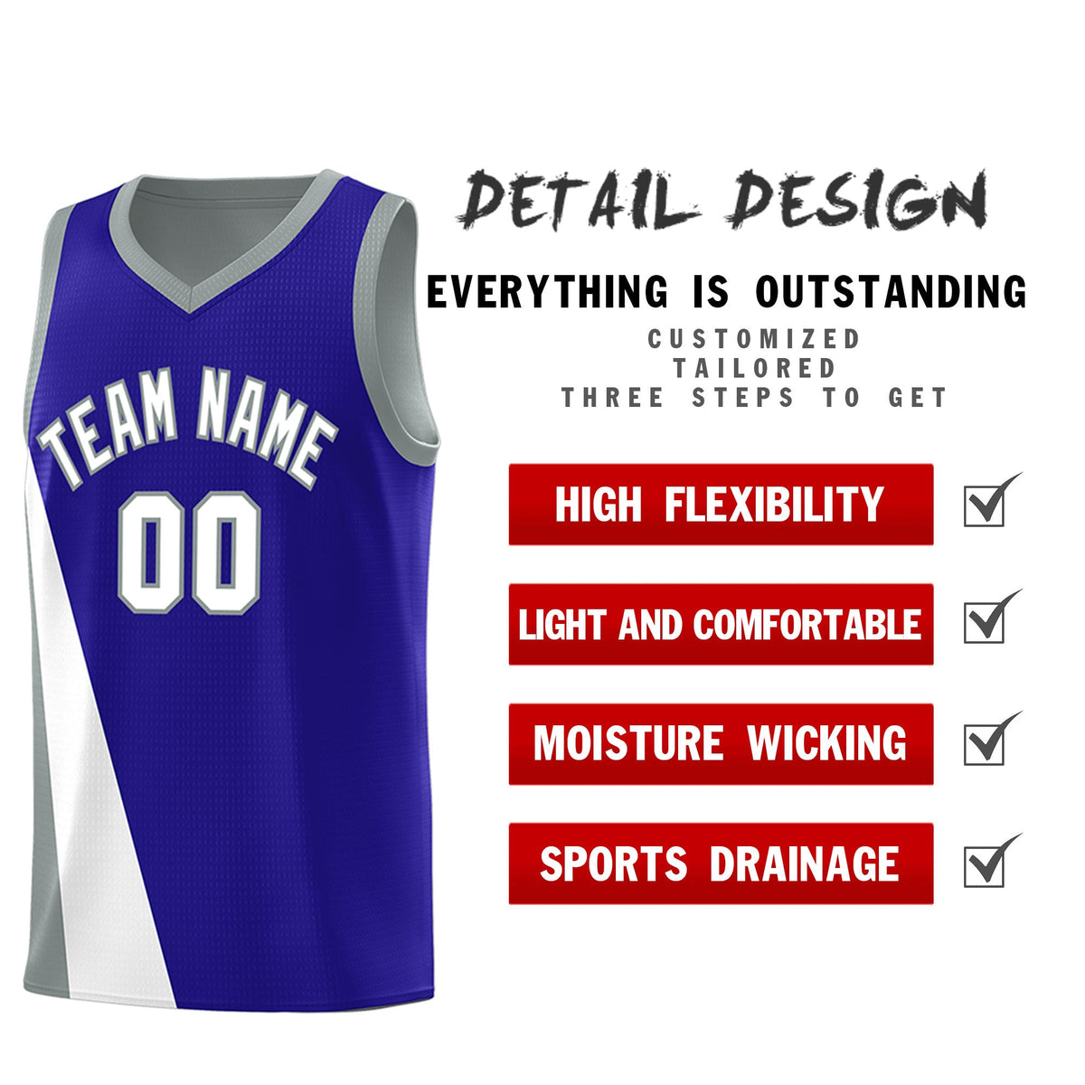 Custom Royal Gray Slanting Two Lines Color Block Sports Uniform Basketball Jersey