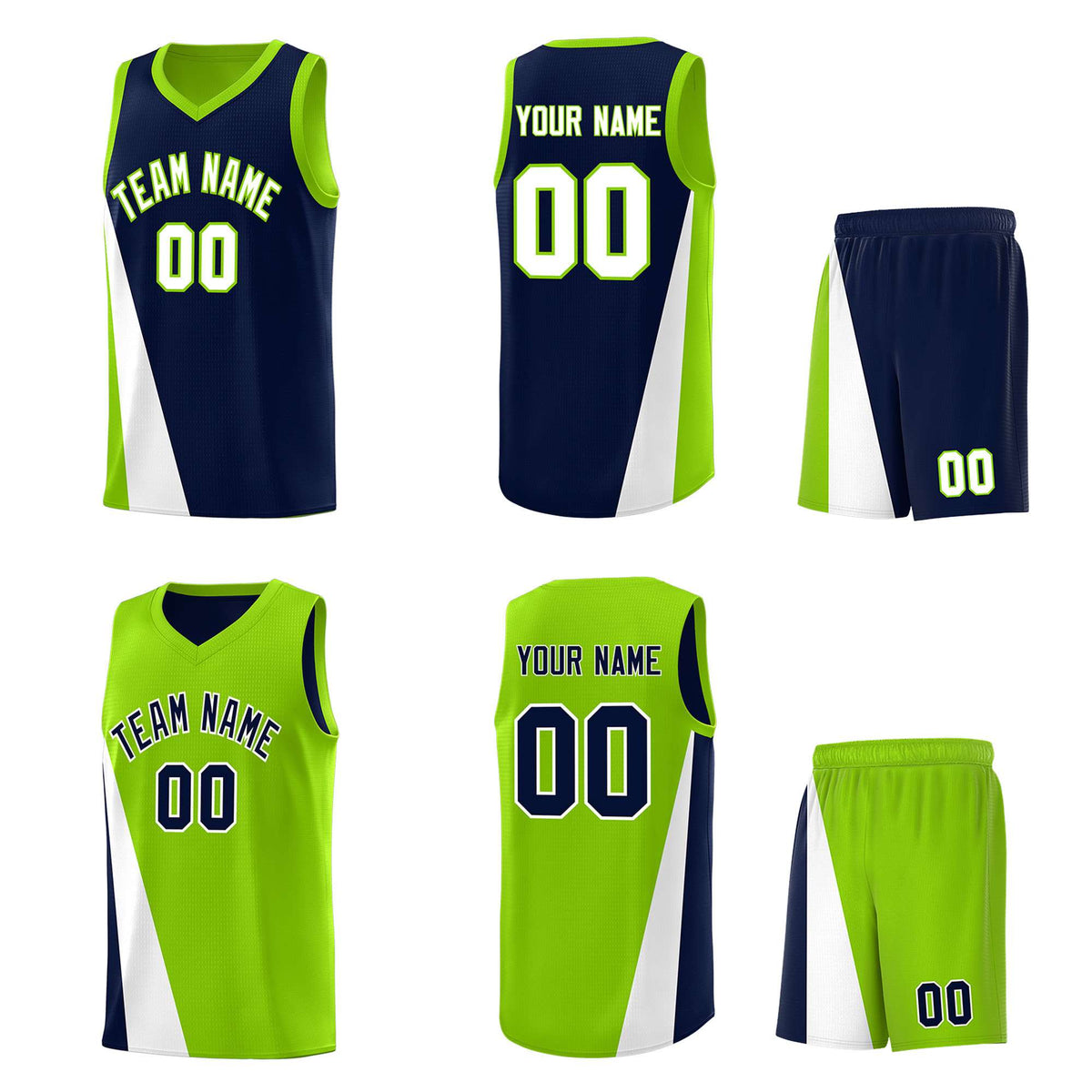 Custom Navy Neon Green Slanting Two Lines Color Block Sports Uniform Basketball Jersey