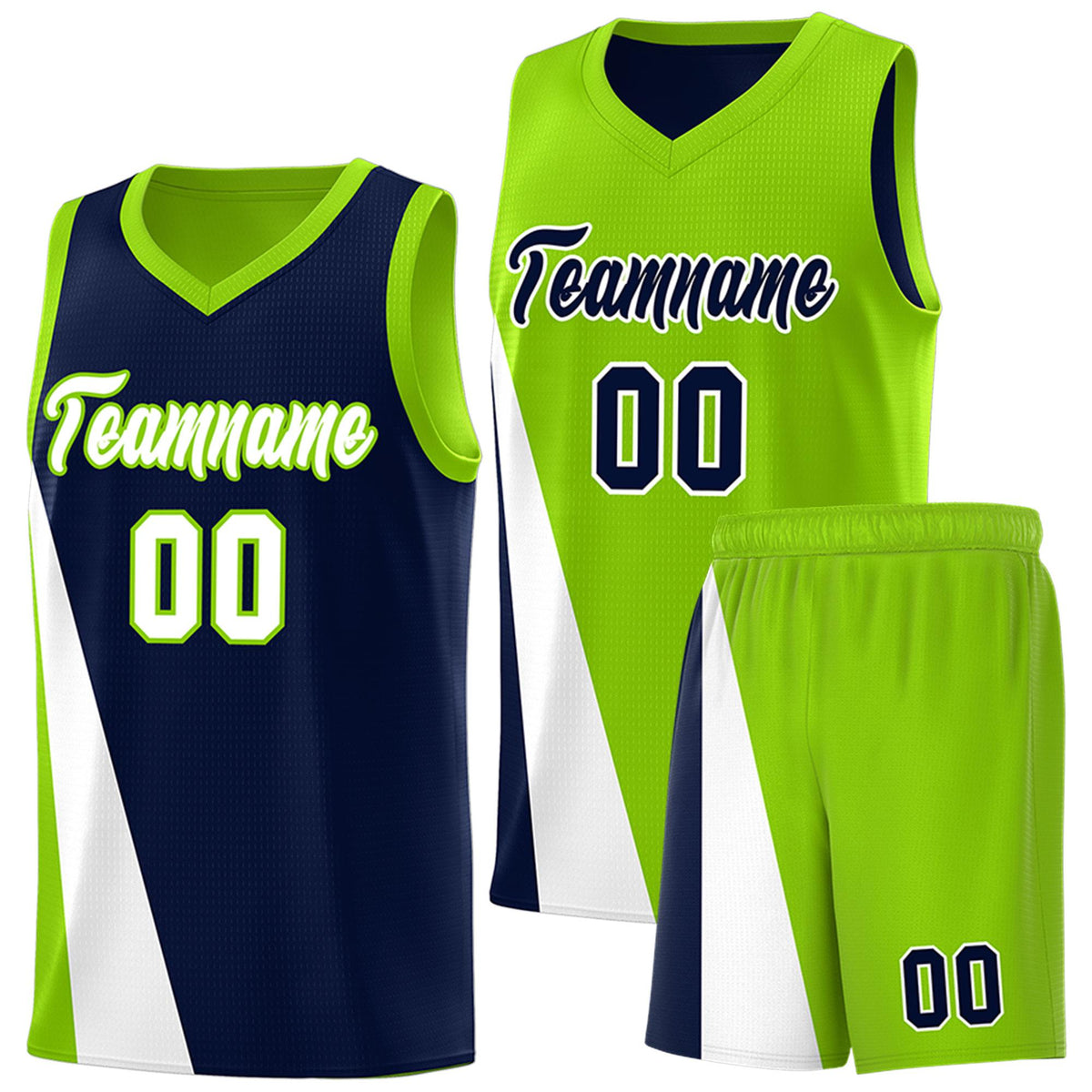 Custom Navy Neon Green Slanting Two Lines Color Block Sports Uniform Basketball Jersey