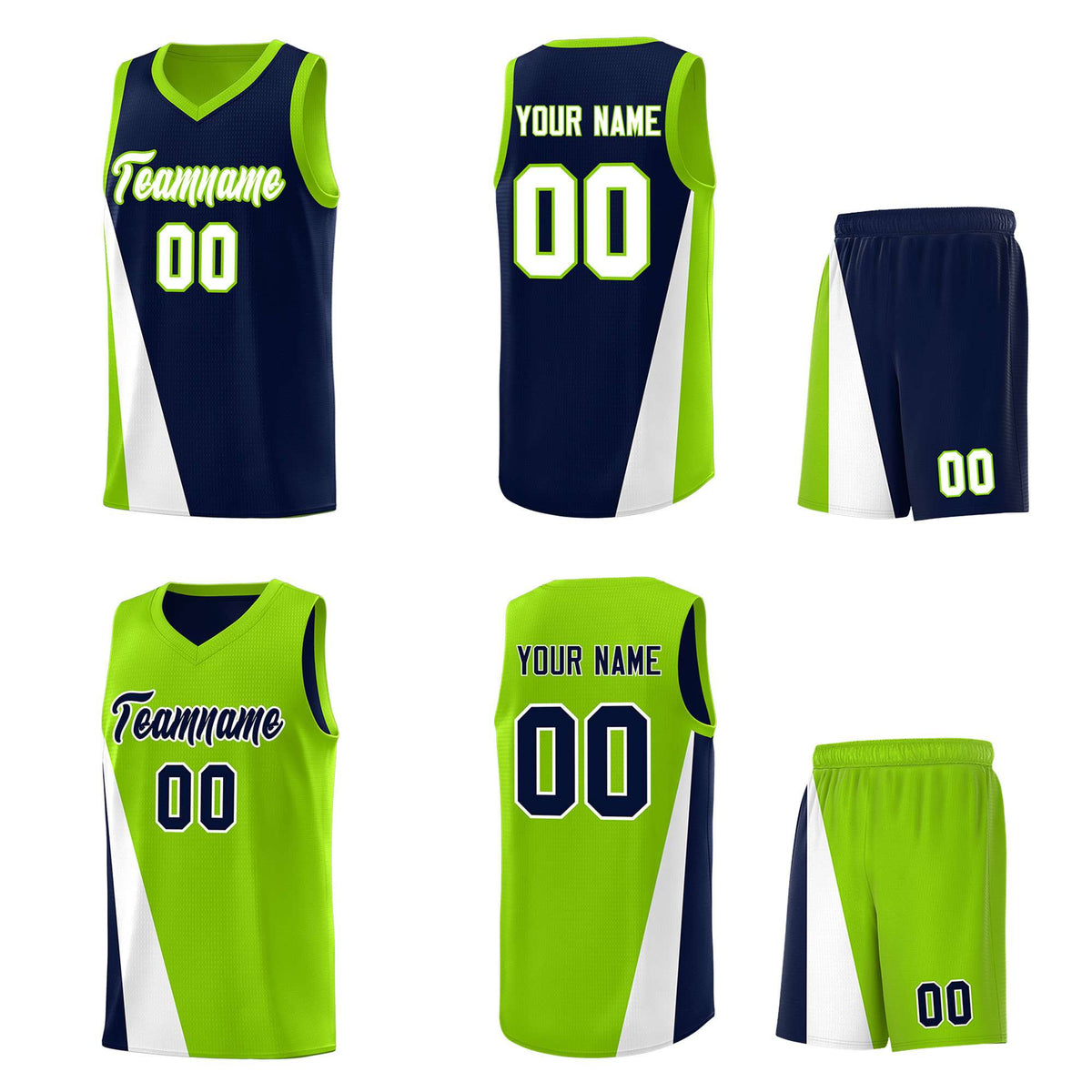Custom Navy Neon Green Slanting Two Lines Color Block Sports Uniform Basketball Jersey
