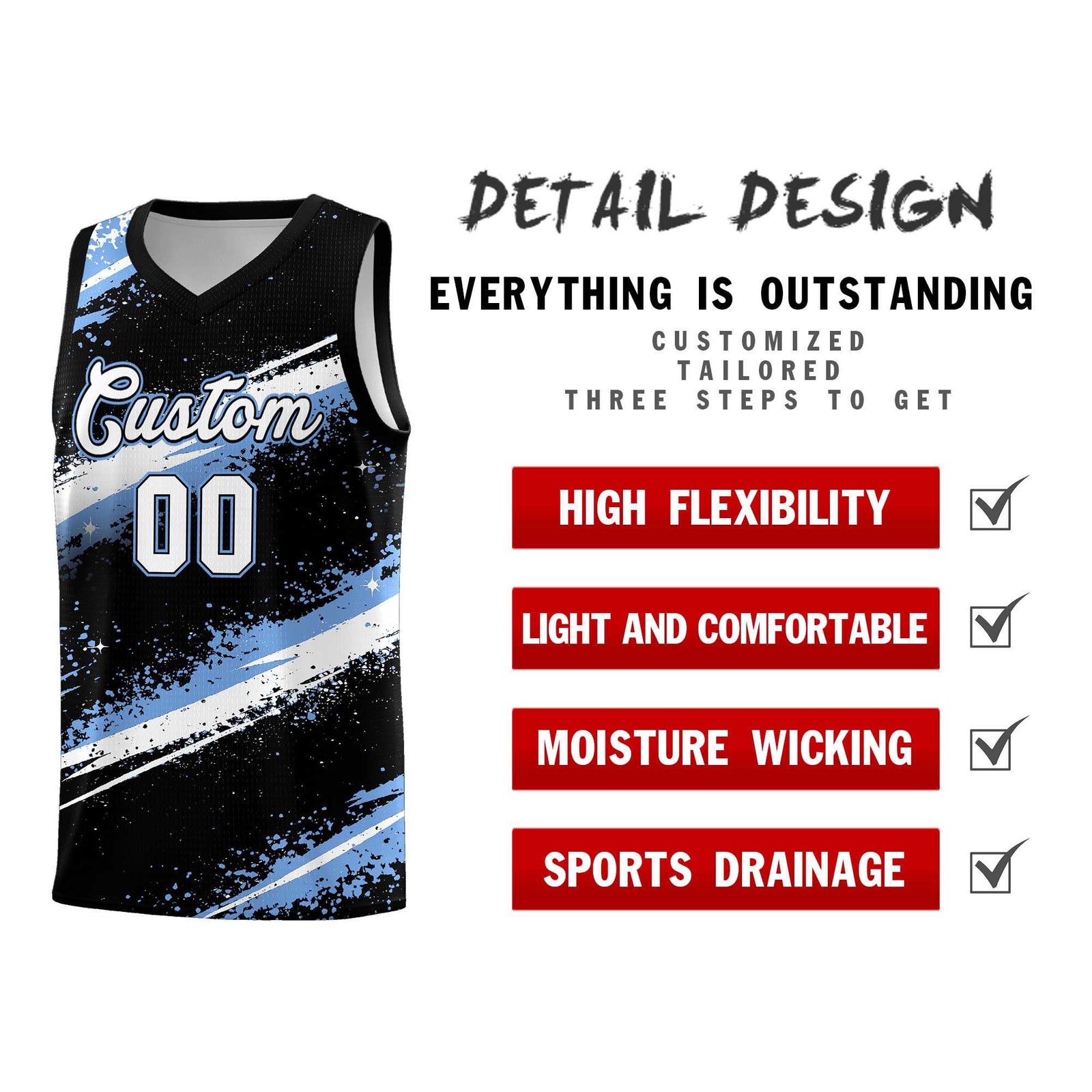 Custom Black Light Blue White Basketball Jersey Stellar Strike Series Splash Quick-Drying