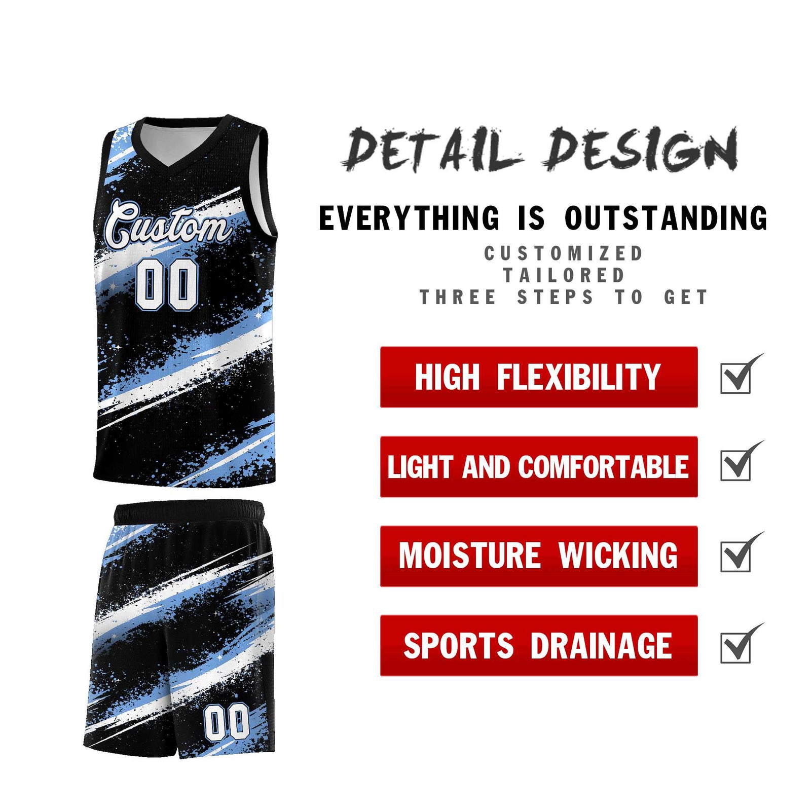 Custom Black Light Blue White Basketball Jersey Stellar Strike Series Splash Quick-Drying