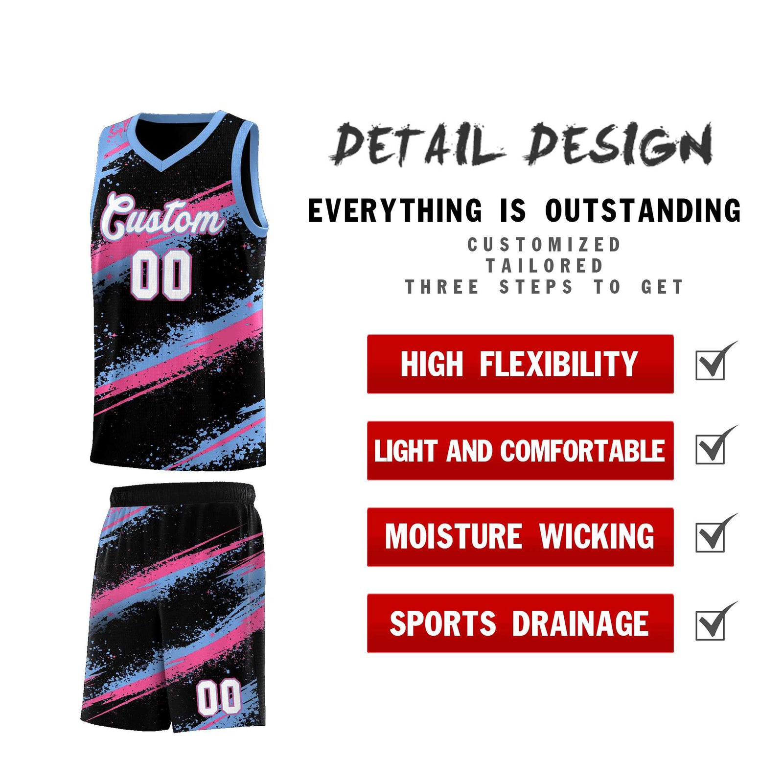 Custom Black Pink Light Blue Basketball Jersey Stellar Strike Series Reversible Lightweight
