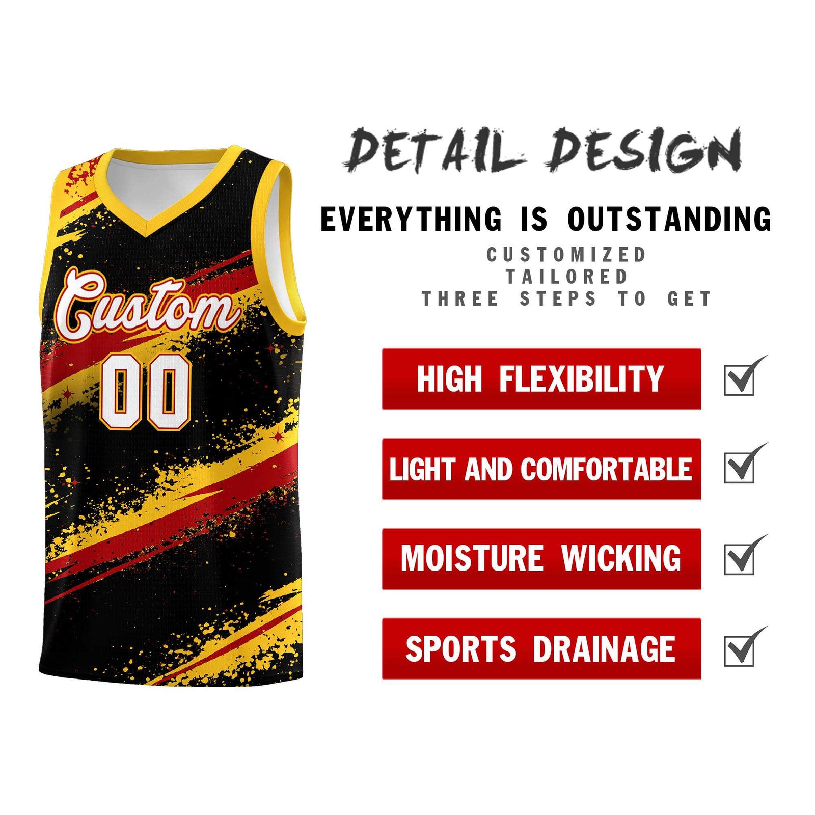 Custom Black Yellow Red Basketball Jersey Stellar Strike Series Dynamic Wrinkle-Resistant