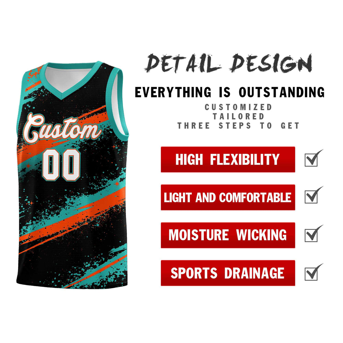 Custom Black Aqua Orange Basketball Jersey Stellar Strike Series Velocity Drapable