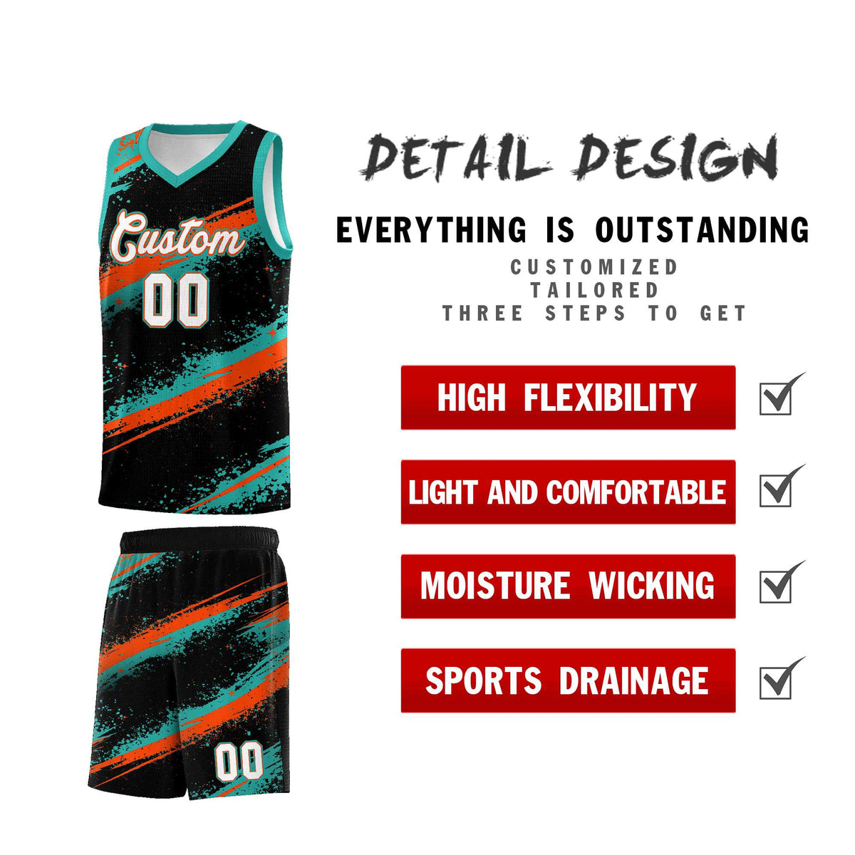 Custom Black Aqua Orange Basketball Jersey Stellar Strike Series Velocity Drapable