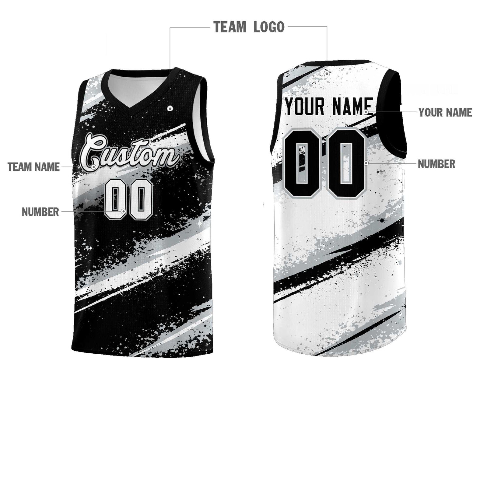 Custom Black Silver White Basketball Jersey Stellar Strike Series Stellar Quick-Drying