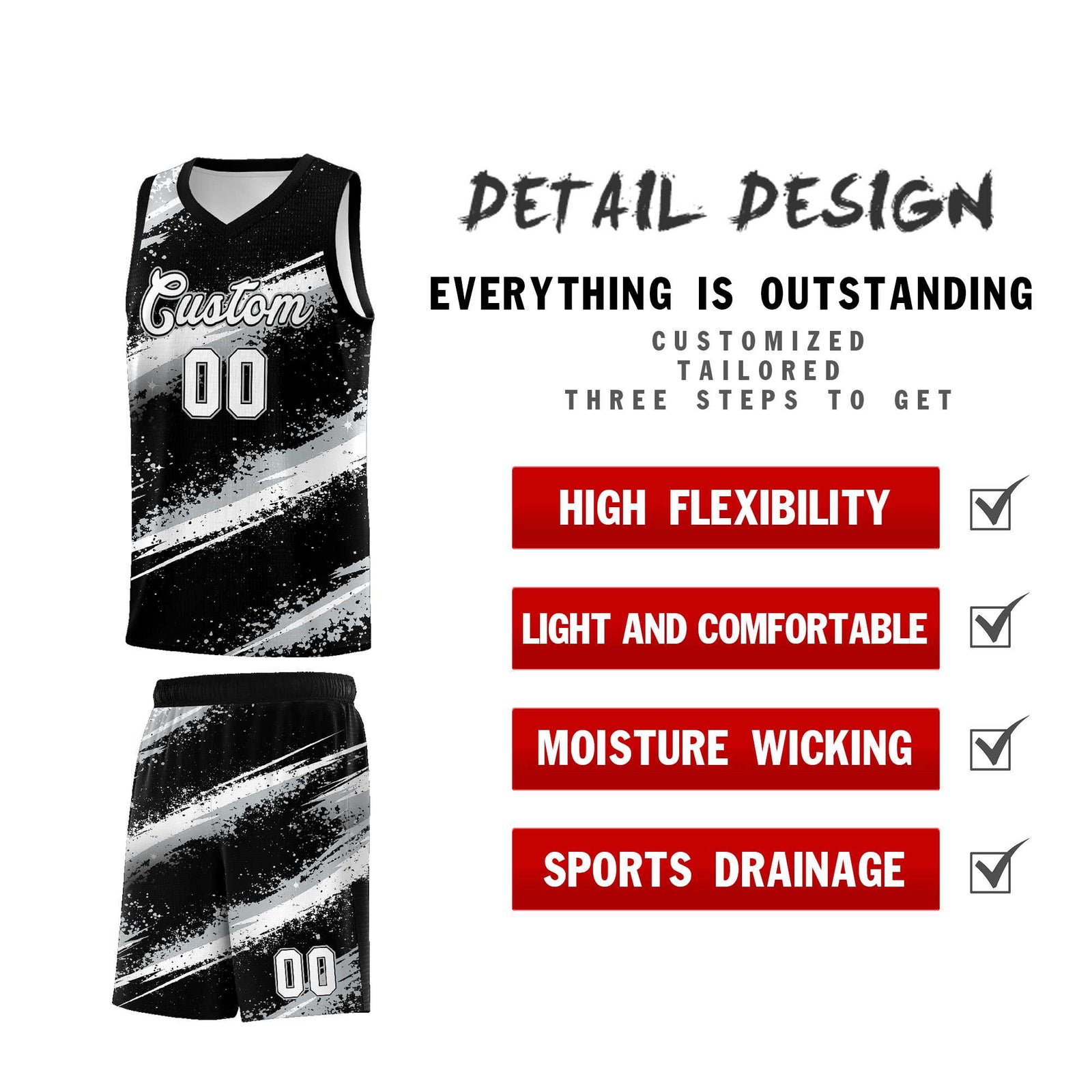 Custom Black Silver White Basketball Jersey Stellar Strike Series Stellar Quick-Drying