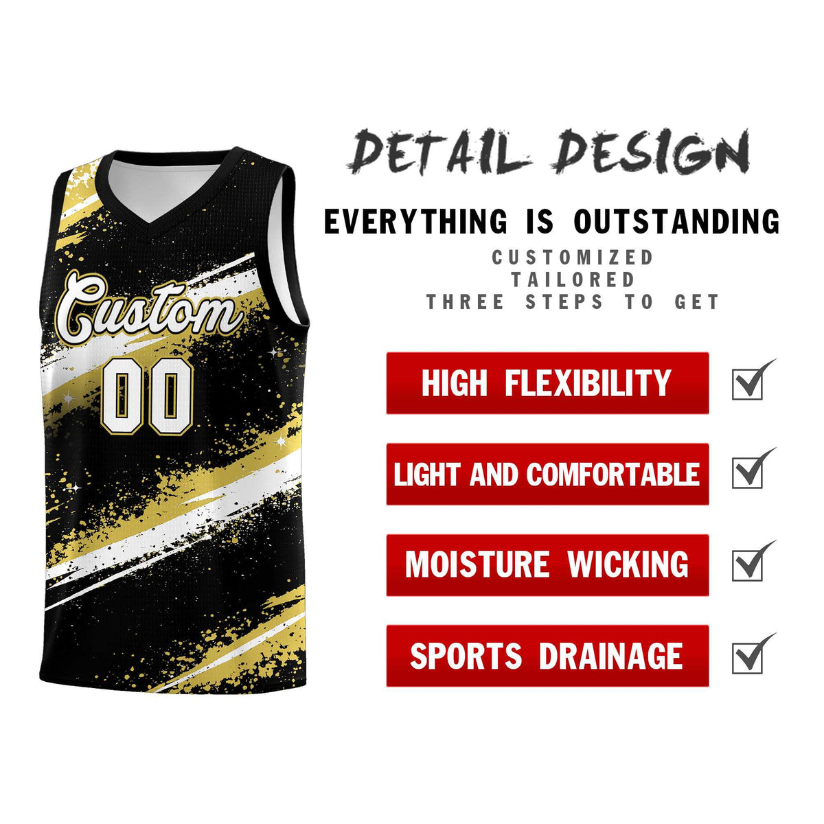 Custom Black Old Gold White Basketball Jersey Stellar Strike Series Reversible Wrinkle-Resistant