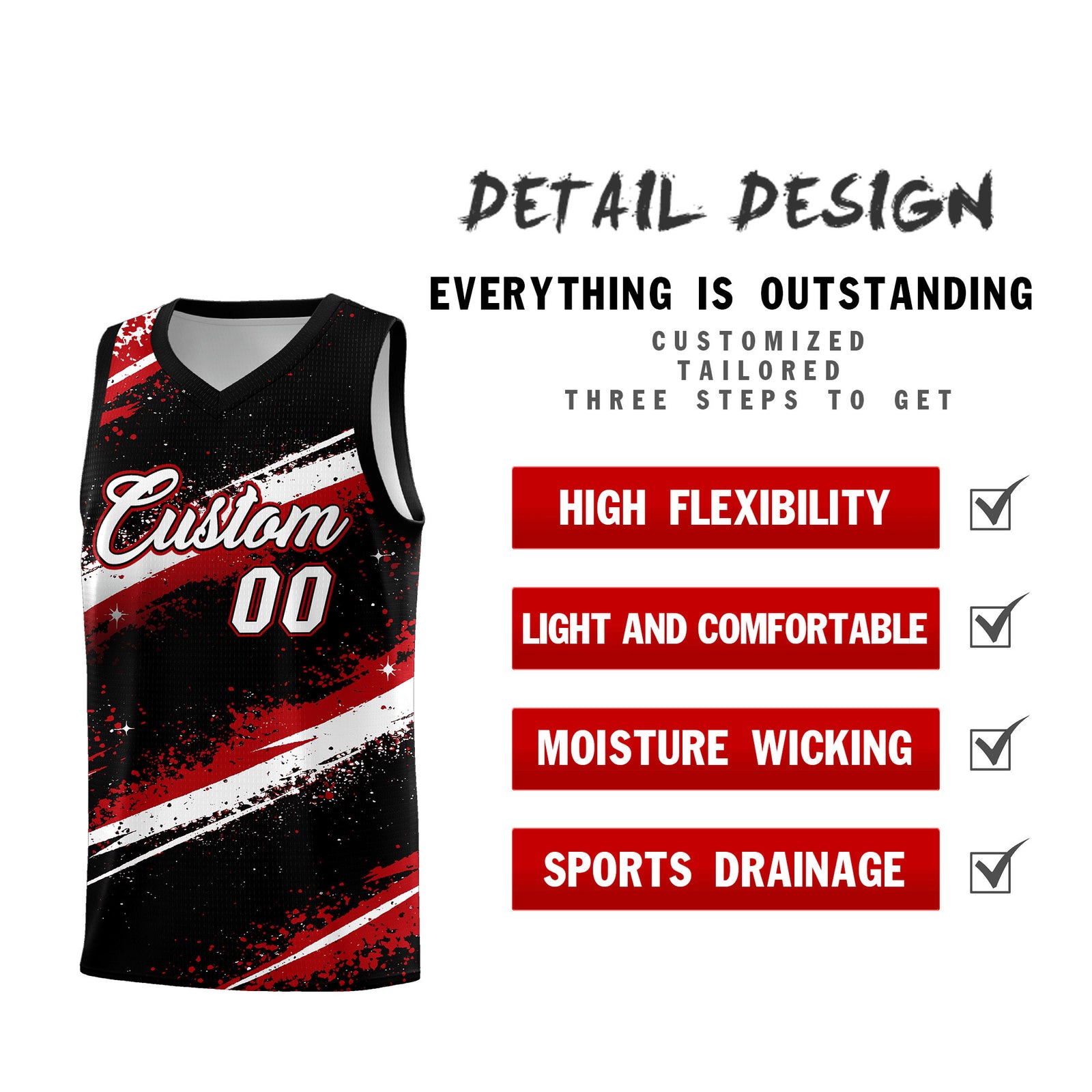 Custom Black Red White Basketball Jersey Stellar Strike Series Stellar Breathable