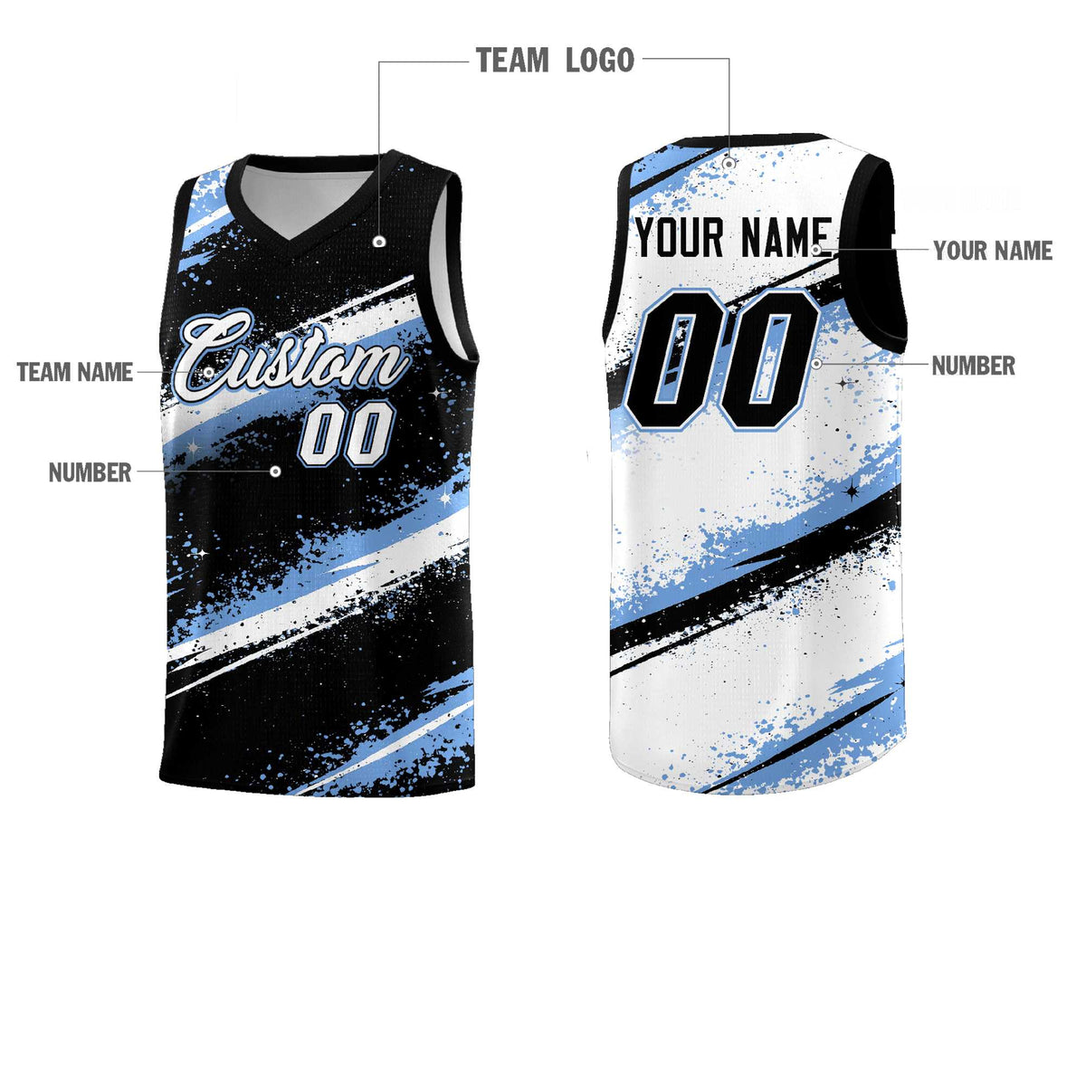 Custom Black Light Blue White Basketball Jersey Stellar Strike Series Splash Quick-Drying