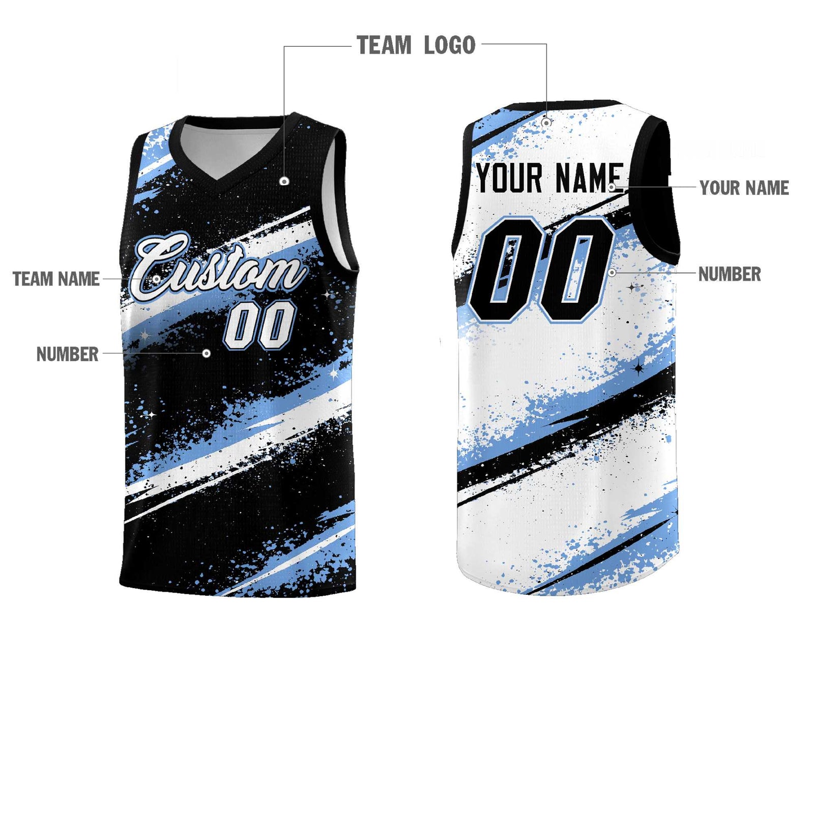 Custom Black Light Blue White Basketball Jersey Stellar Strike Series Splash Quick-Drying