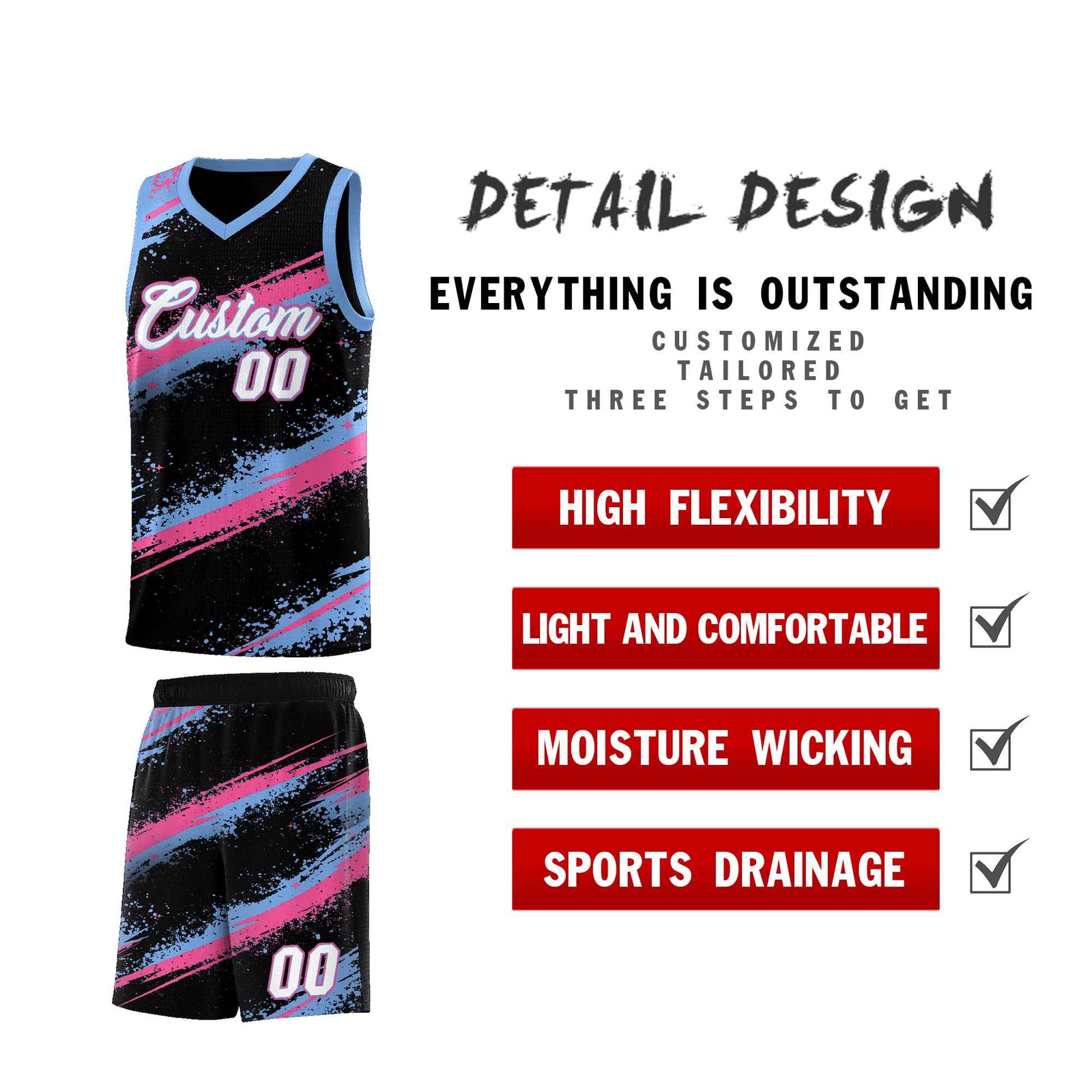 Custom Black Pink Light Blue Basketball Jersey Stellar Strike Series Reversible Lightweight