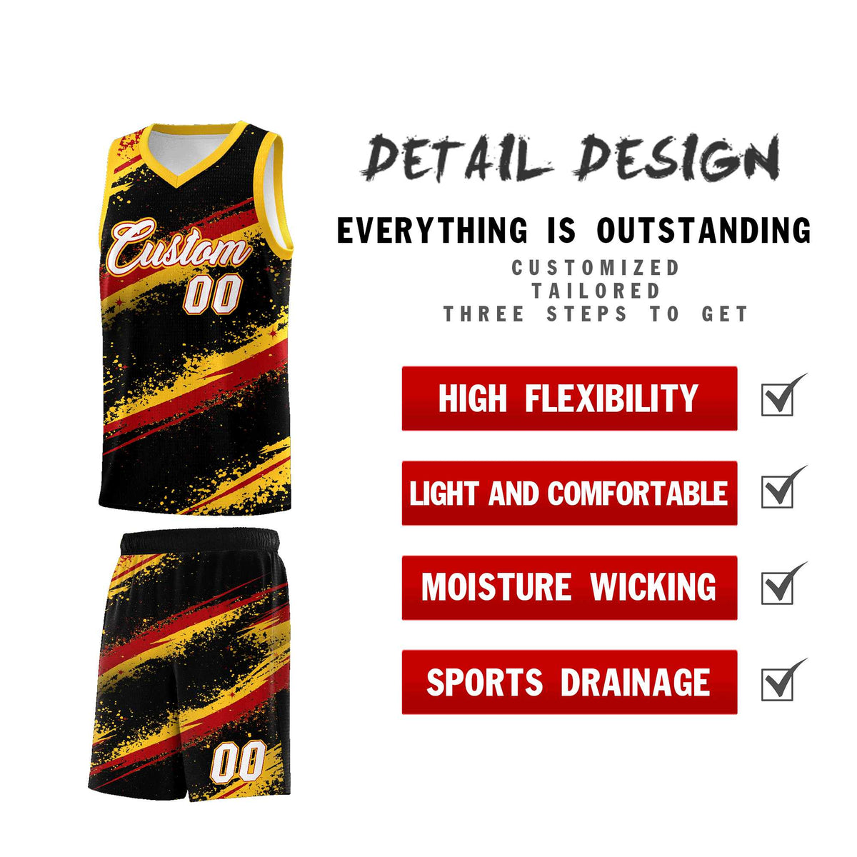 Custom Black Yellow Red Basketball Jersey Stellar Strike Series Dynamic Wrinkle-Resistant