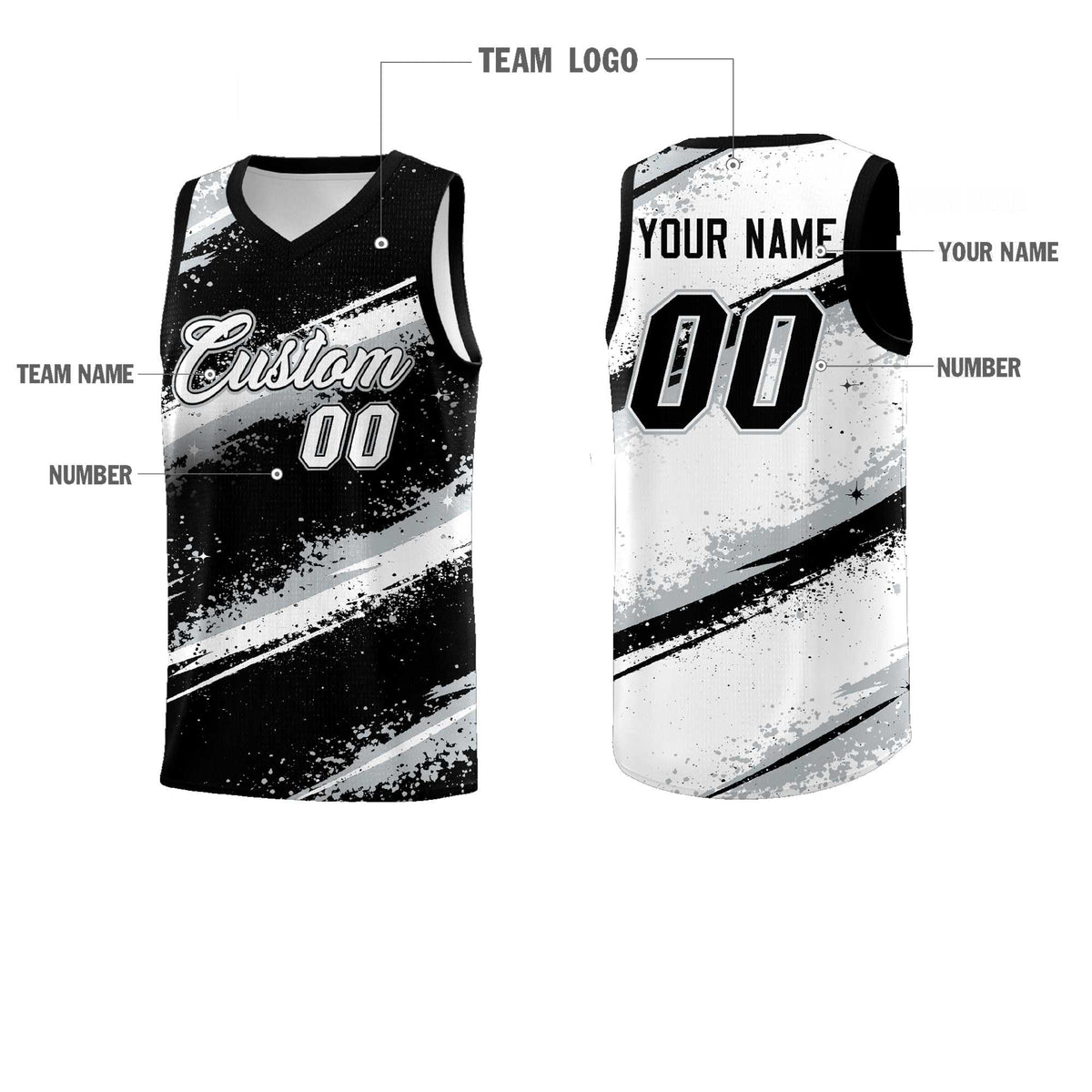 Custom Black Silver White Basketball Jersey Stellar Strike Series Stellar Quick-Drying