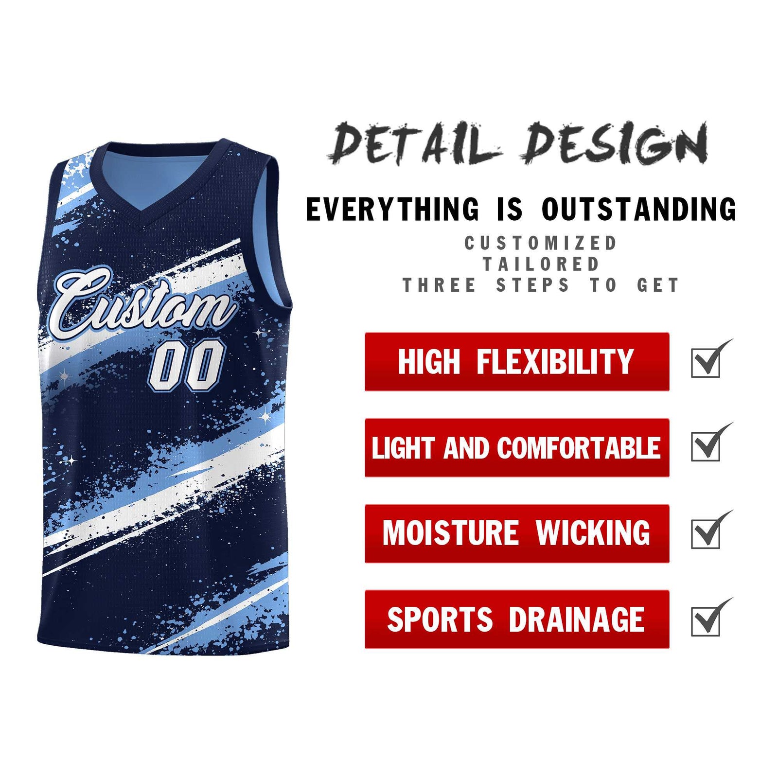Custom Navy Light Blue White Basketball Jersey Stellar Strike Series Dynamic Drapable