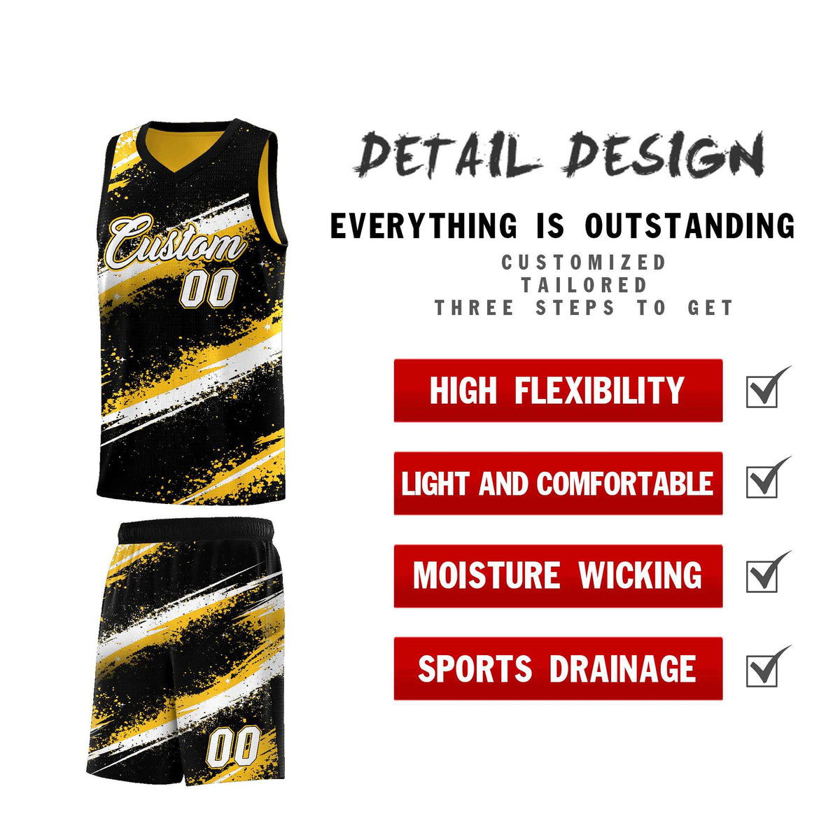 Custom Black Yellow White Basketball Jersey Stellar Strike Series Splash Wrinkle-Resistant