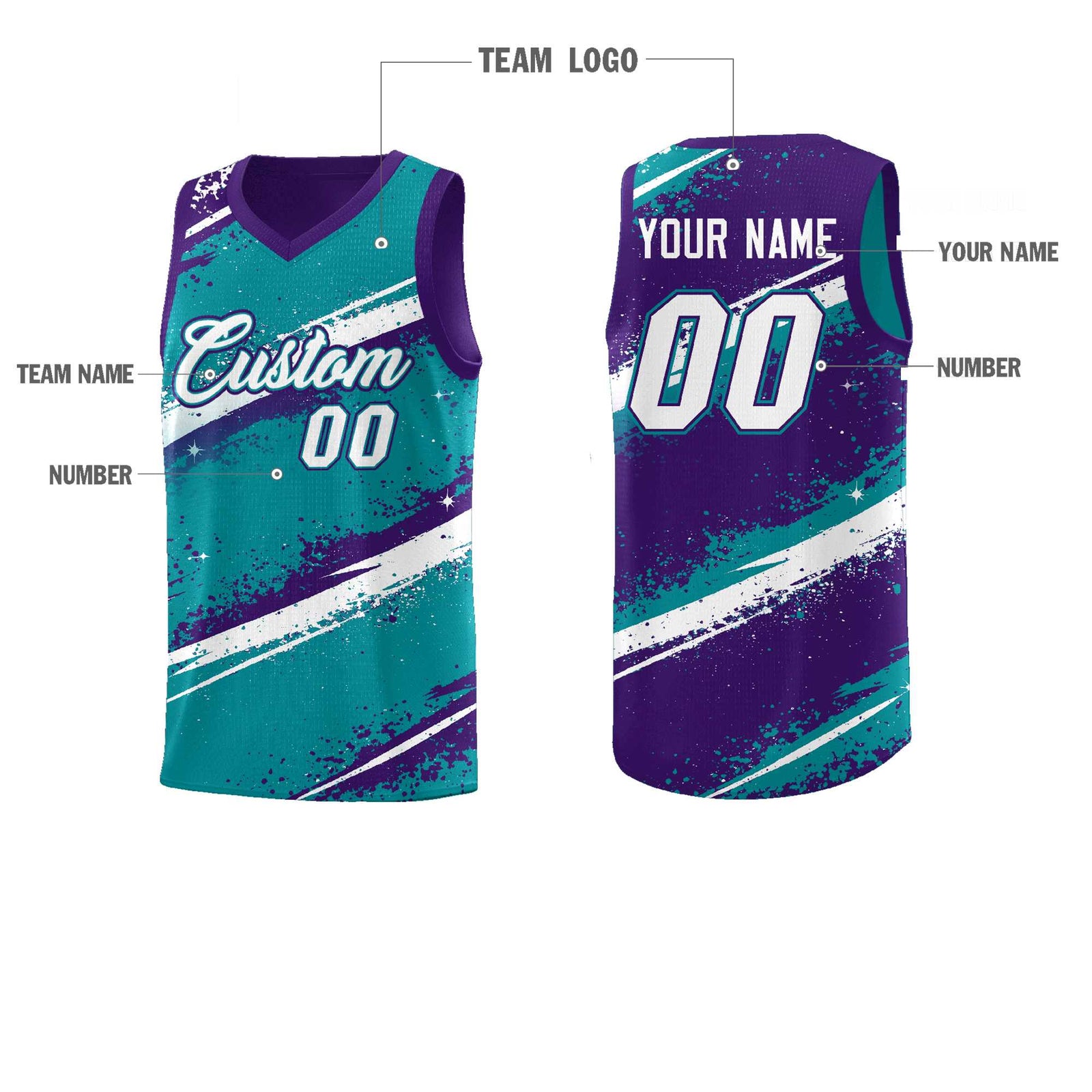 Custom Teal Purple White Basketball Jersey Stellar Strike Series Reversible Drapable