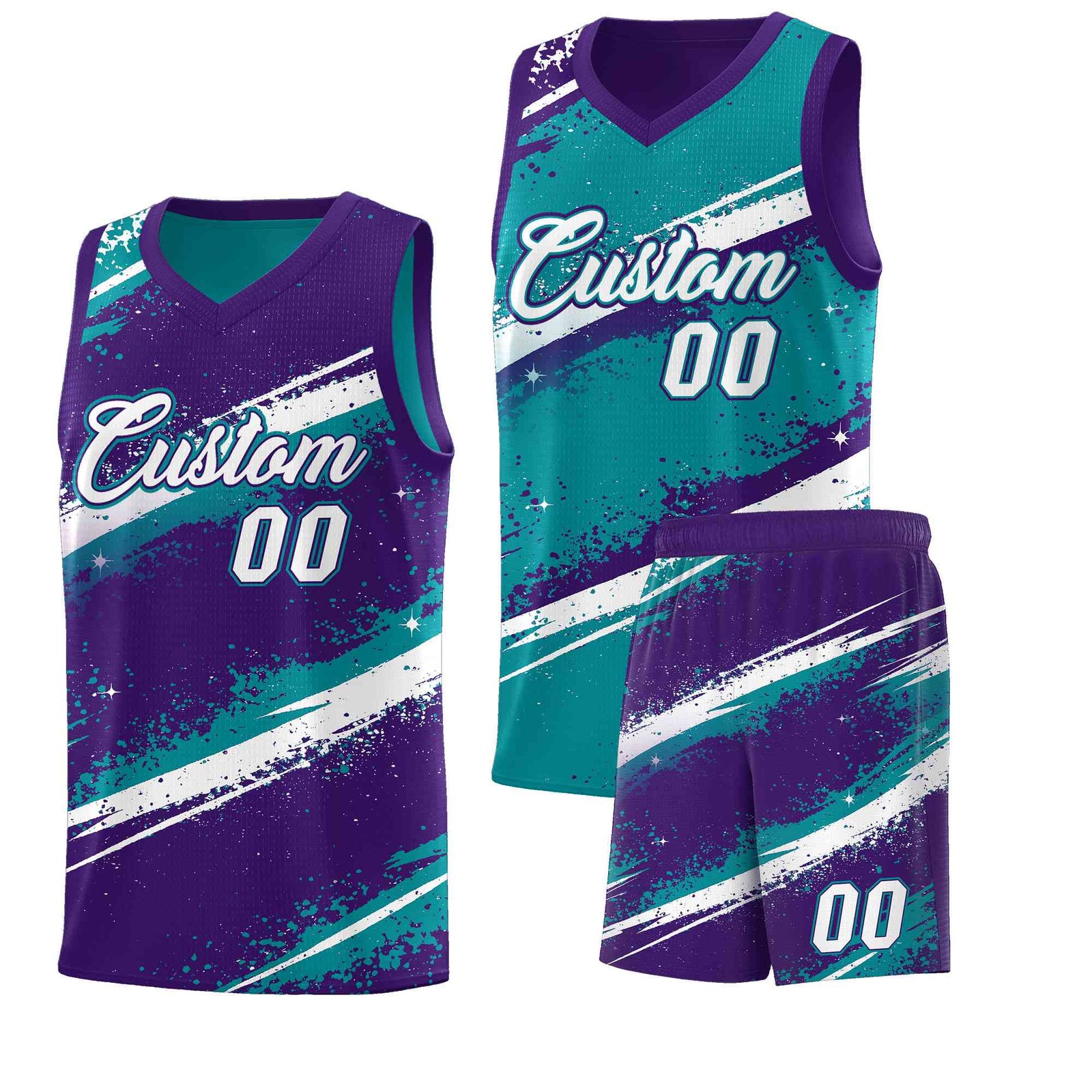 Custom Teal Purple White Basketball Jersey Stellar Strike Series Reversible Drapable