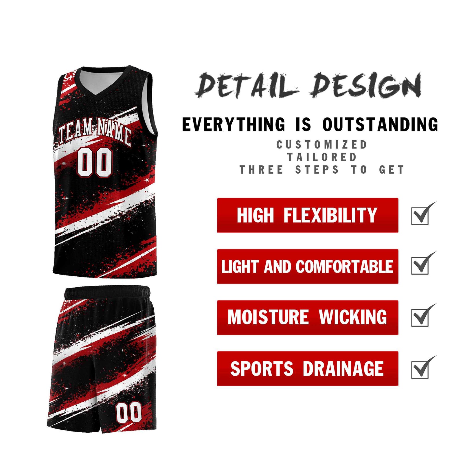 Custom Black Red White Basketball Jersey Stellar Strike Series Stellar Breathable