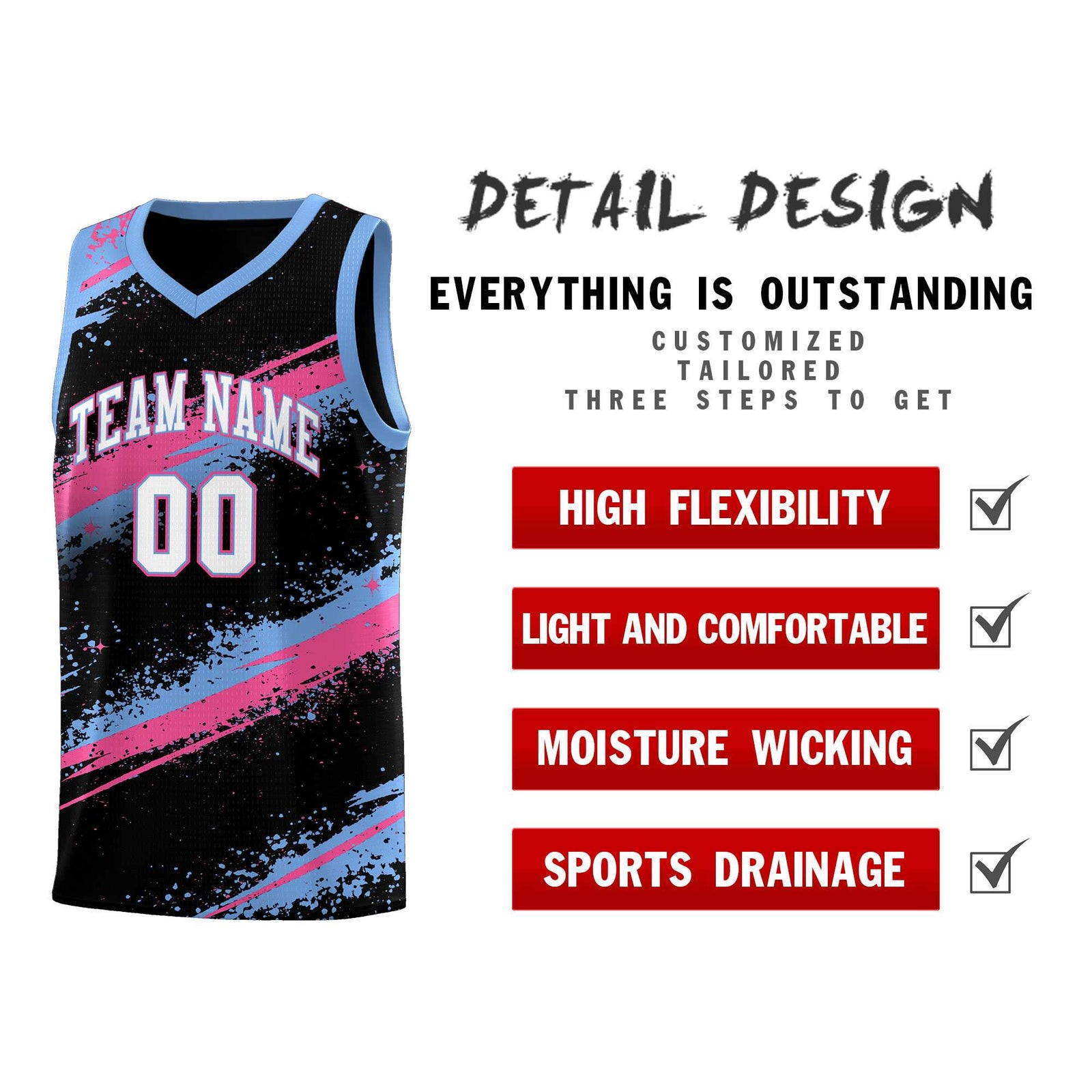 Custom Black Pink Light Blue Basketball Jersey Stellar Strike Series Reversible Lightweight