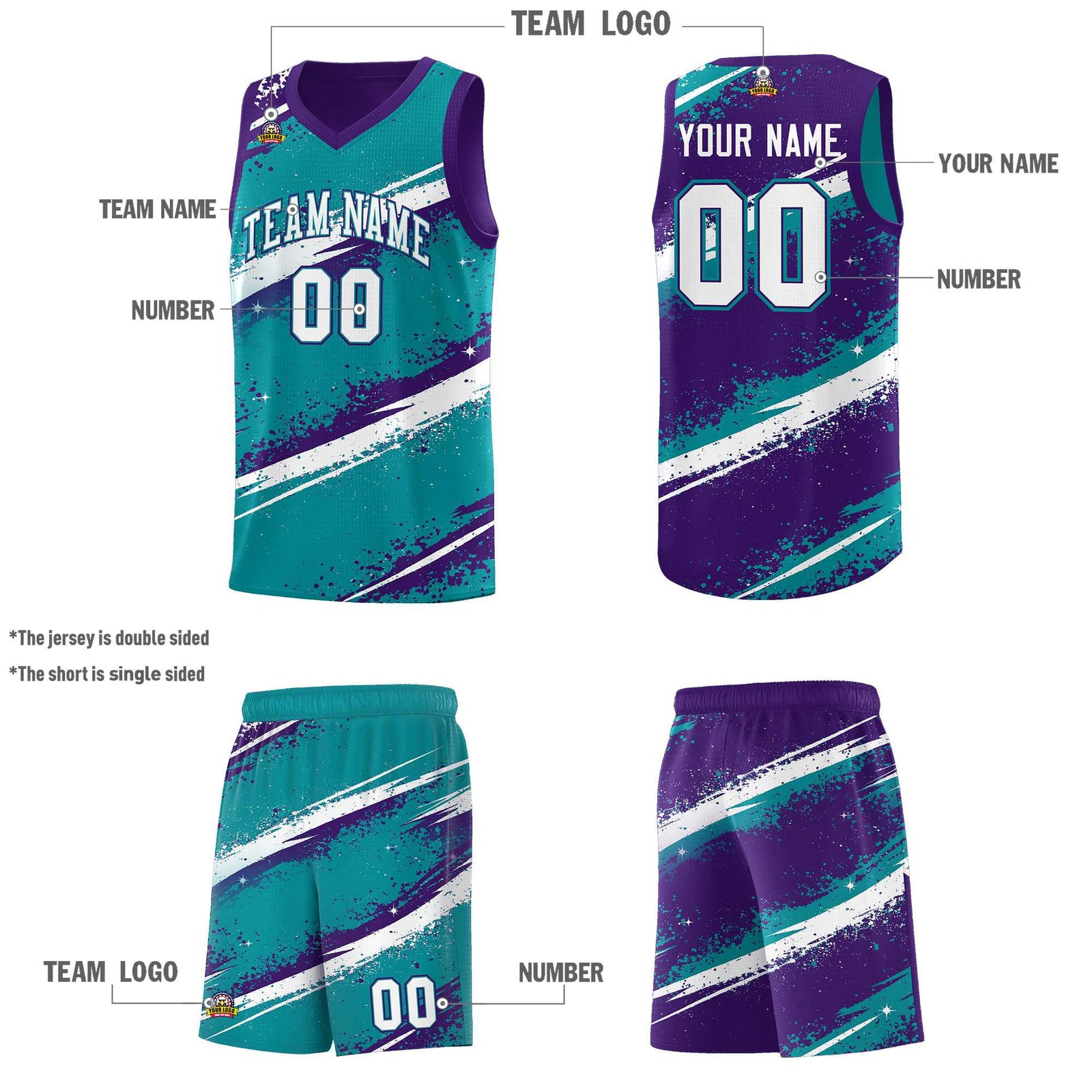 Custom Teal Purple White Basketball Jersey Stellar Strike Series Reversible Drapable