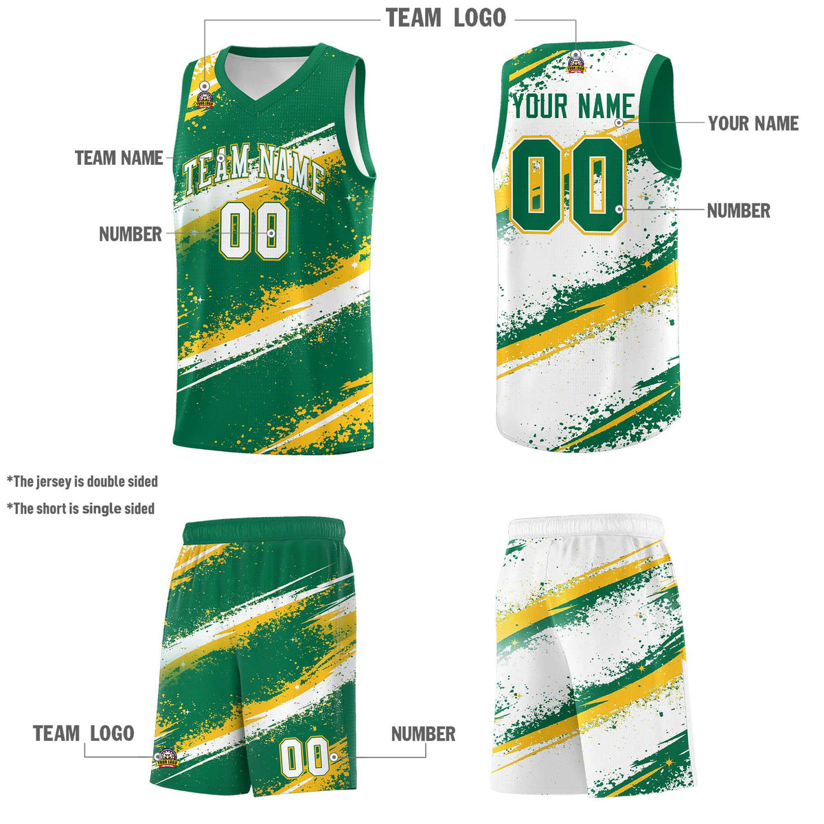 Custom Kelly Green Yellow White Basketball Jersey Stellar Strike Series Reversible Sublimation Printing