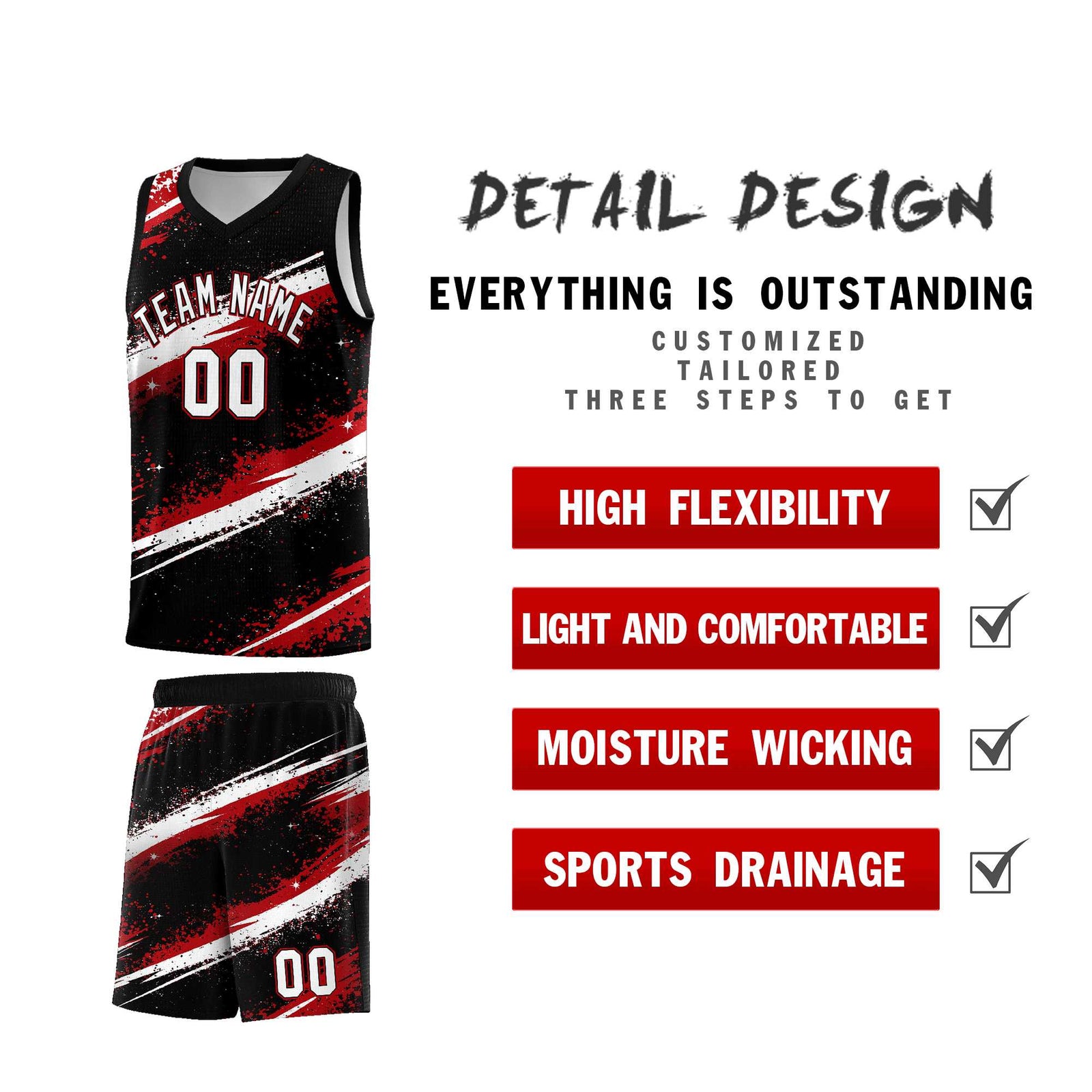 Custom Black Red White Basketball Jersey Stellar Strike Series Stellar Breathable