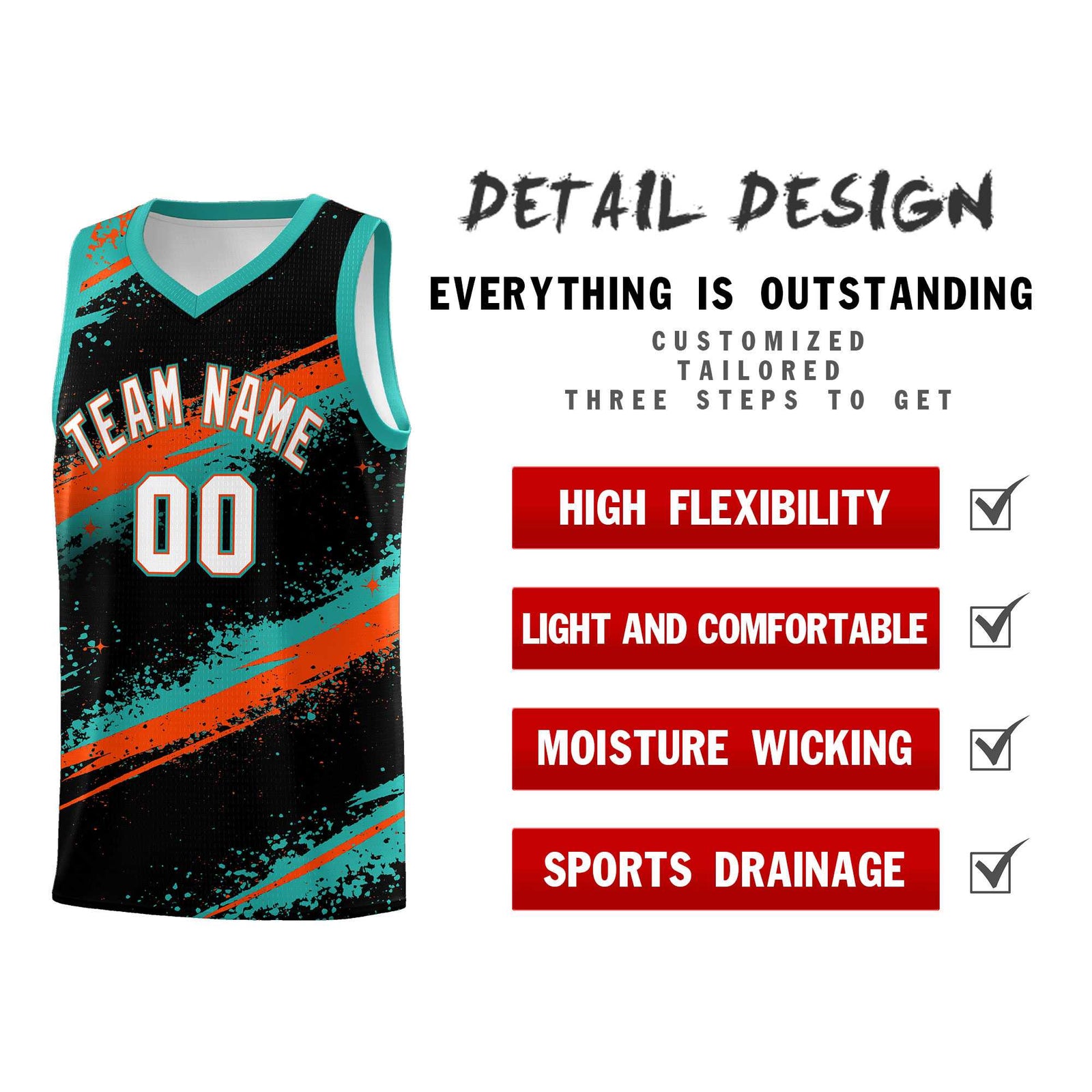 Custom Black Aqua Orange Basketball Jersey Stellar Strike Series Velocity Drapable