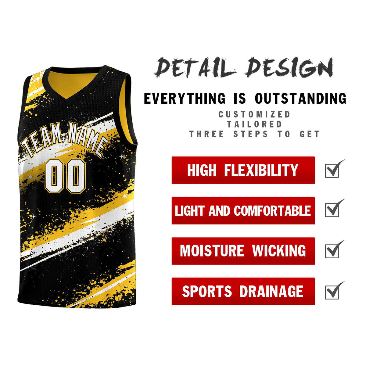 Custom Black Yellow White Basketball Jersey Stellar Strike Series Splash Wrinkle-Resistant
