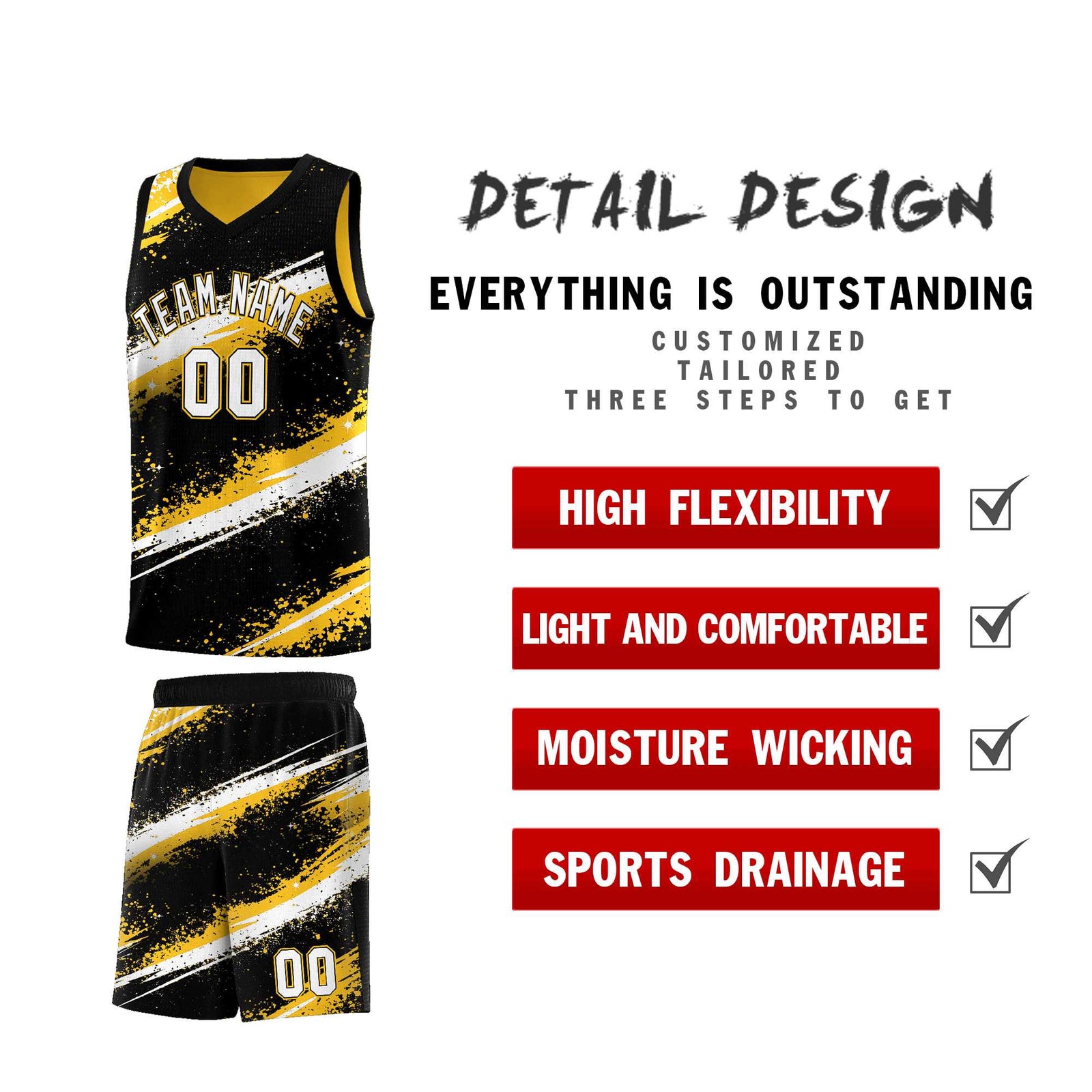 Custom Black Yellow White Basketball Jersey Stellar Strike Series Splash Wrinkle-Resistant