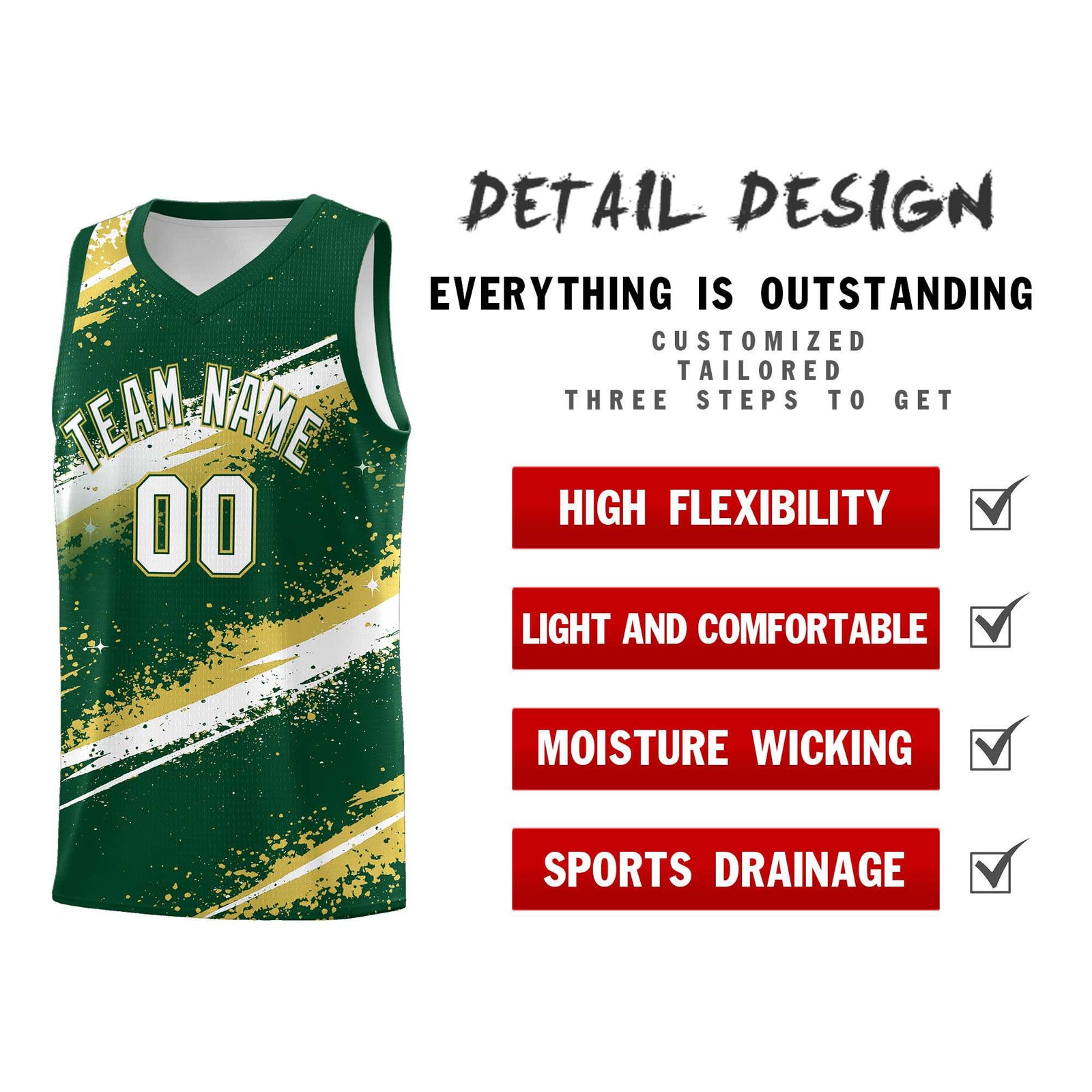 Custom Dark Green Old Gold White Basketball Jersey Stellar Strike Series Splash Drapable