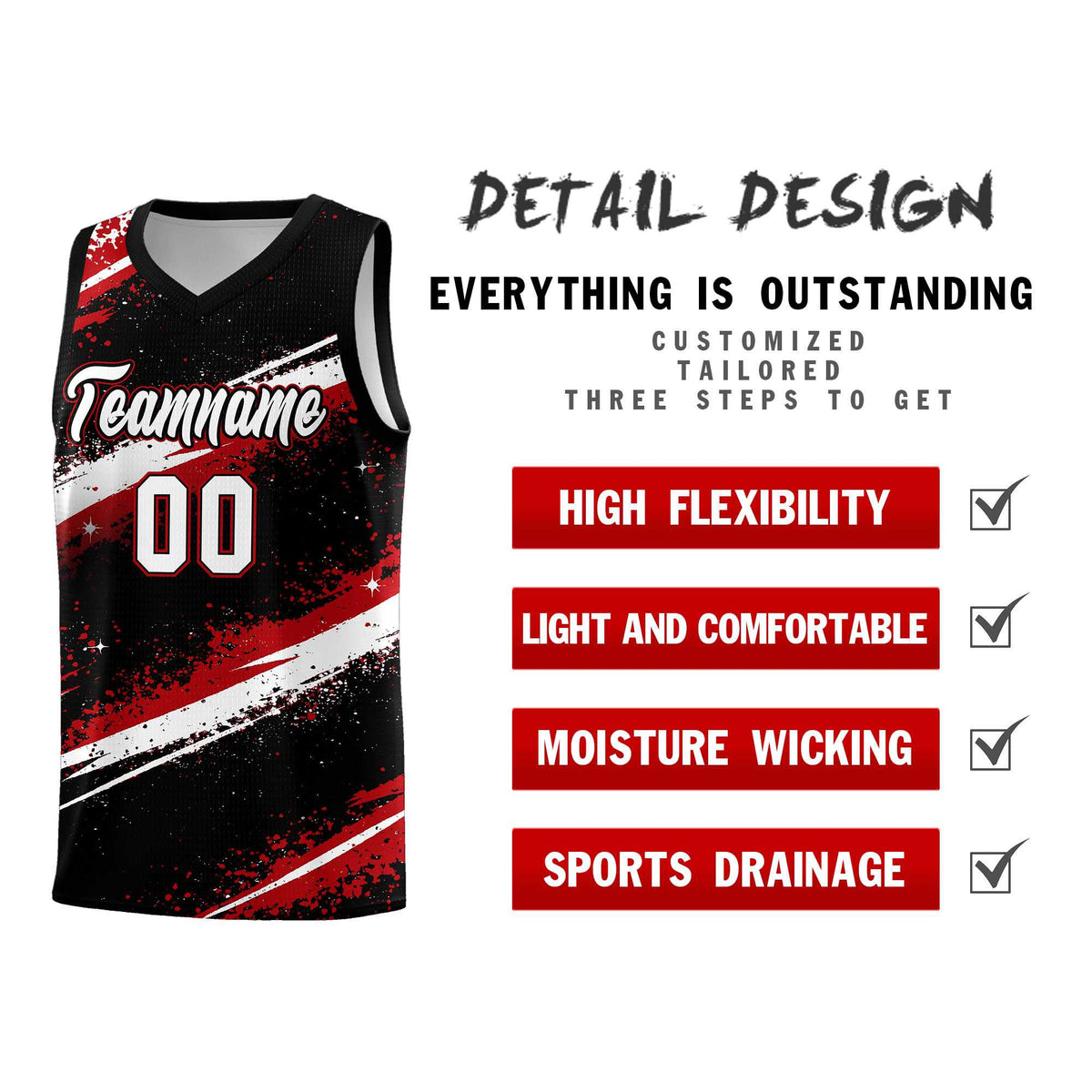 Custom Black Red White Basketball Jersey Stellar Strike Series Stellar Breathable