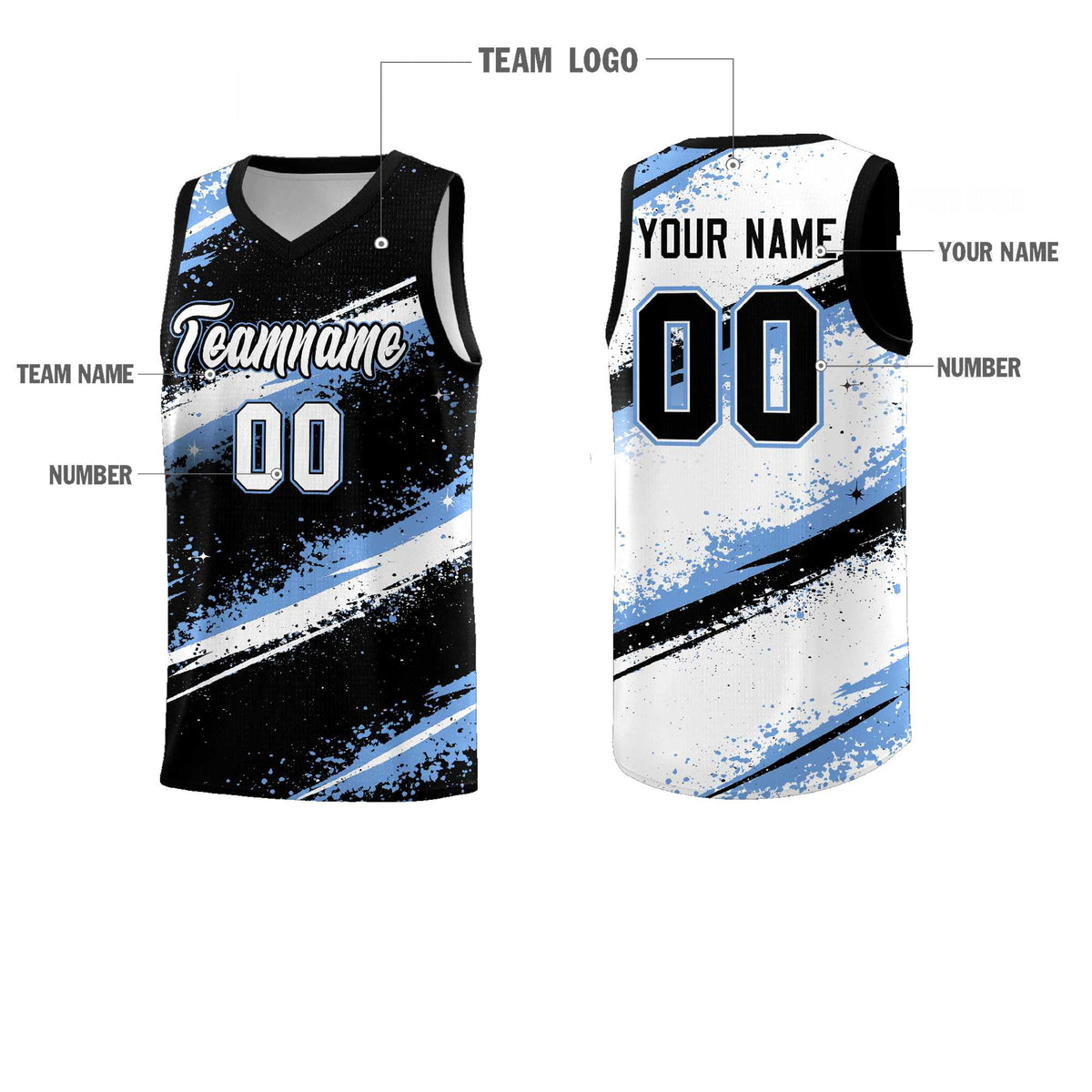 Custom Black Light Blue White Basketball Jersey Stellar Strike Series Splash Quick-Drying