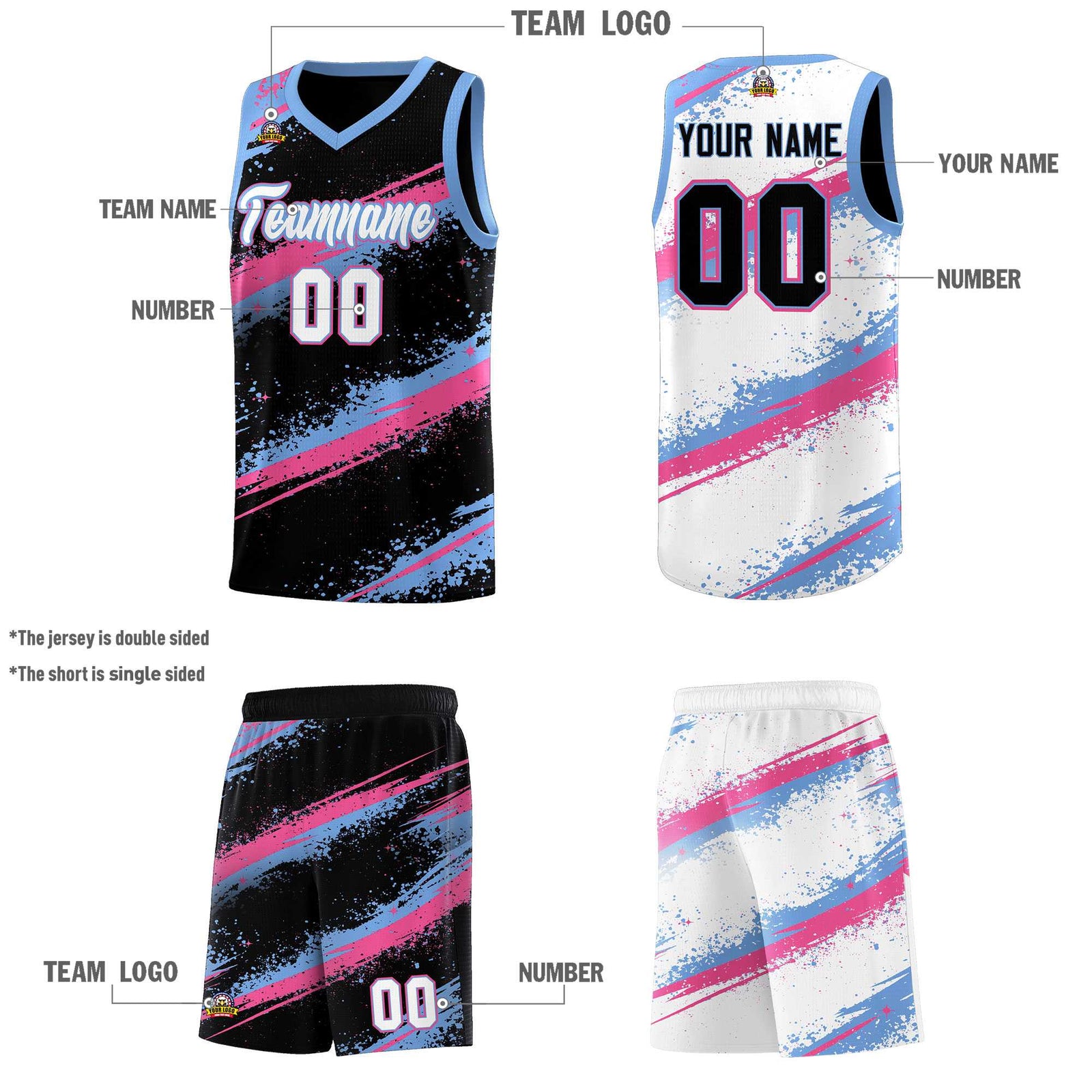 Custom Black Pink Light Blue Basketball Jersey Stellar Strike Series Reversible Lightweight
