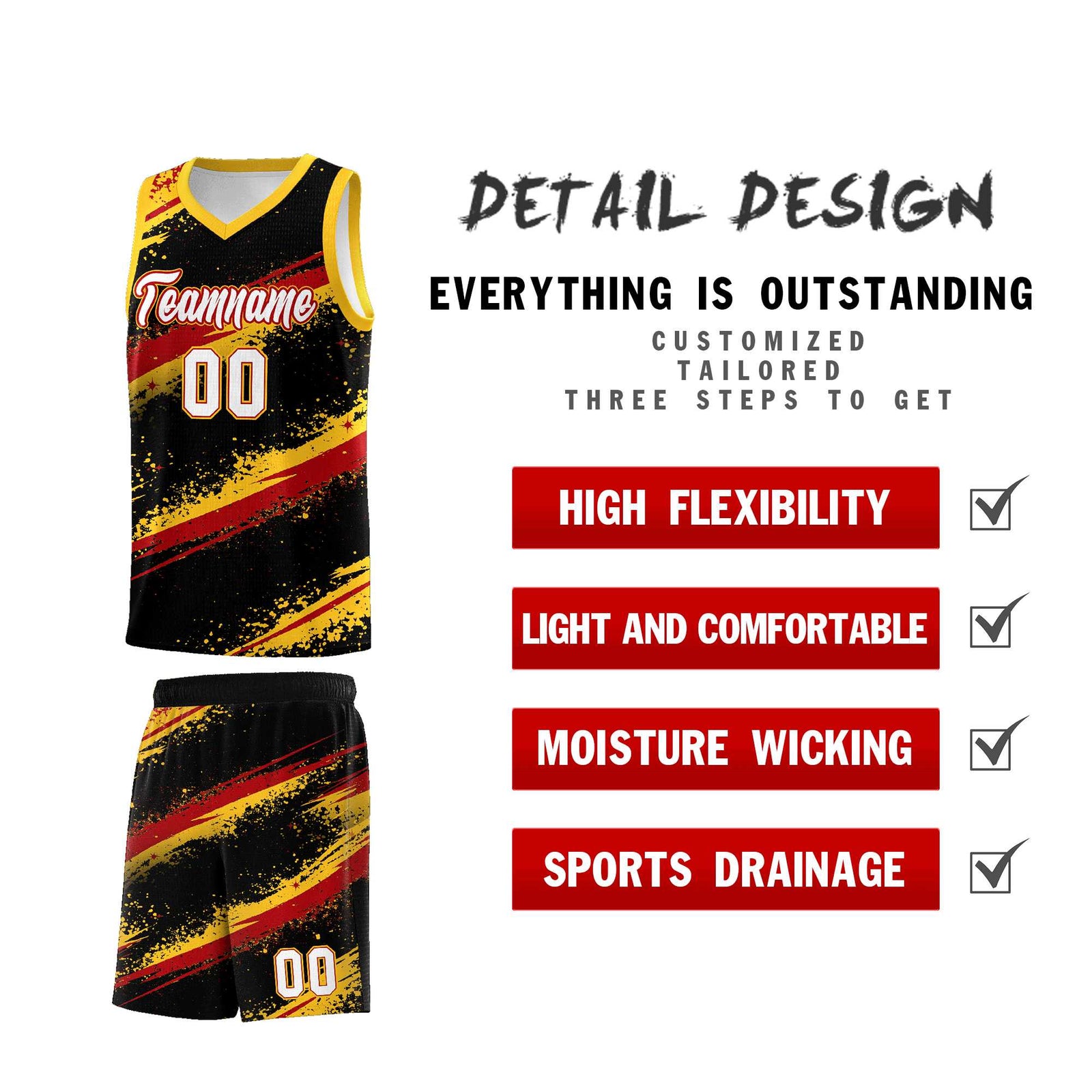 Custom Black Yellow Red Basketball Jersey Stellar Strike Series Dynamic Wrinkle-Resistant