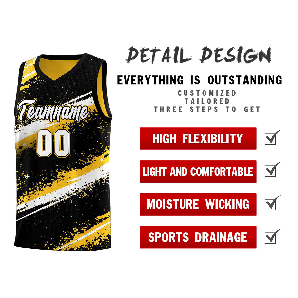 Custom Black Yellow White Basketball Jersey Stellar Strike Series Splash Wrinkle-Resistant