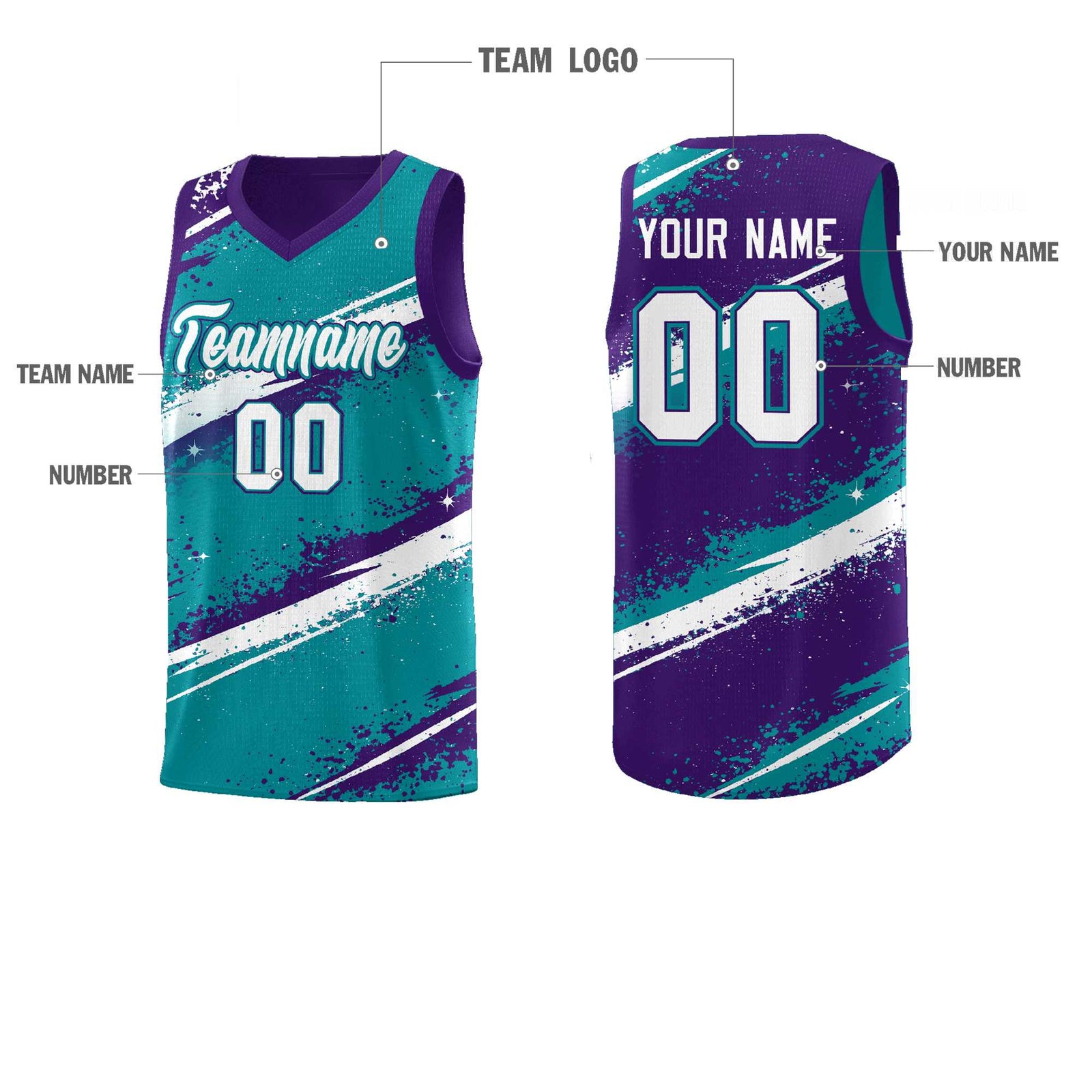 Custom Teal Purple White Basketball Jersey Stellar Strike Series Reversible Drapable